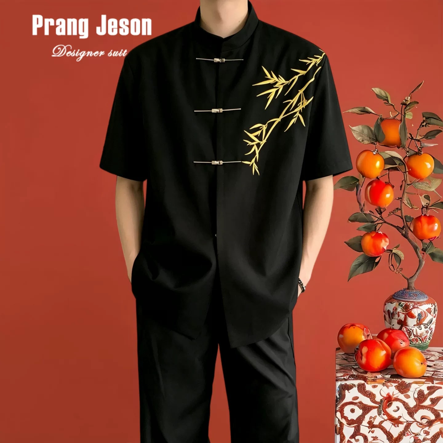 Men's Bamboo Embroidered Mandarin-Collar Shirt photo 4