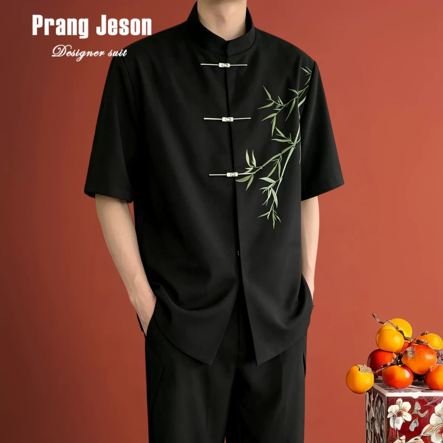 Men's Bamboo Embroidered Mandarin-Collar Shirt photo 5