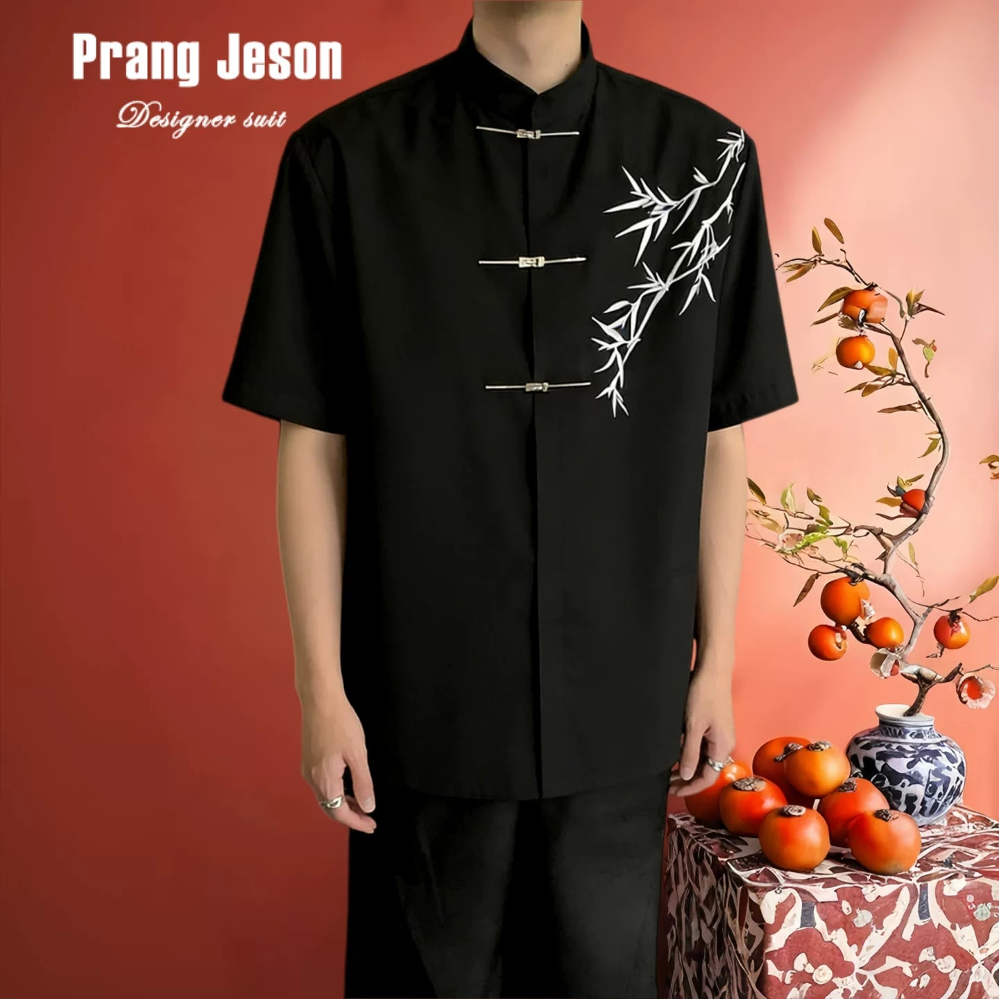 Men's Bamboo Embroidered Mandarin-Collar Shirt photo 3