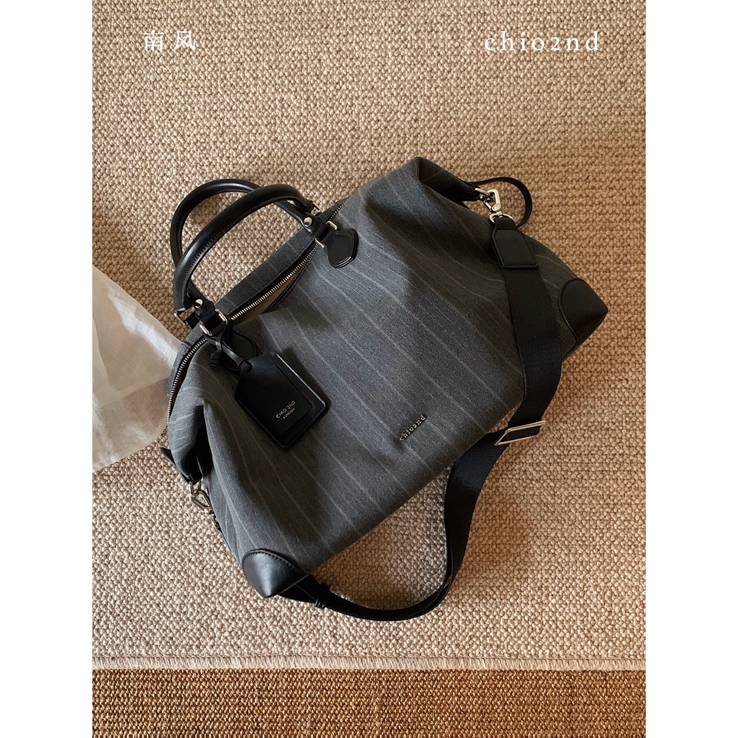 Pinstripe Slouch Tote with Shoulder Strap photo 2