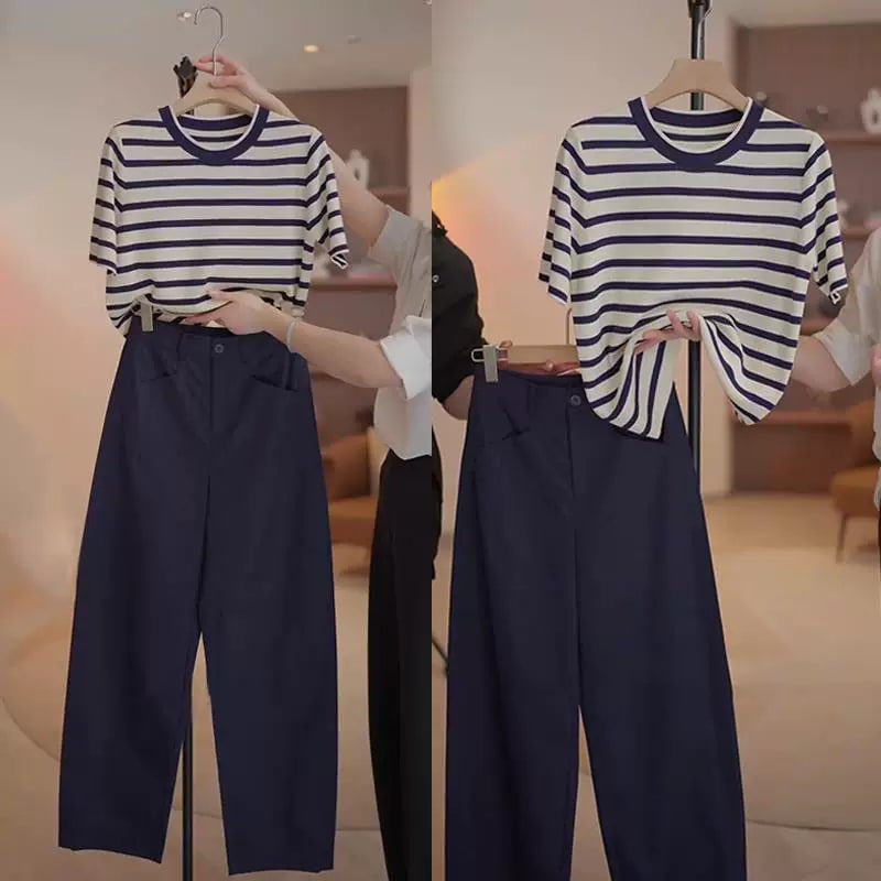 Women's Striped Tee and Navy Wide-Leg Trouser Set photo 5