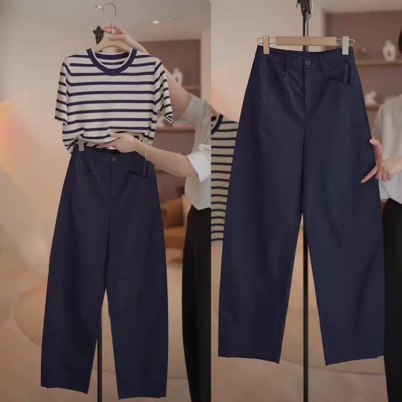 Women's Striped Tee and Navy Wide-Leg Trouser Set photo 4