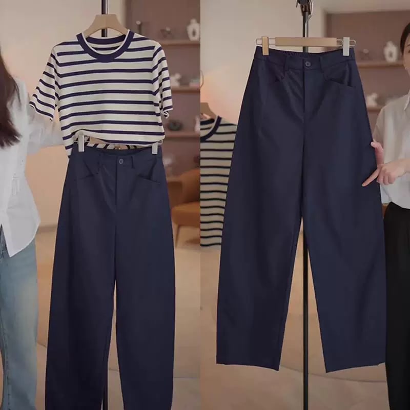Women's Striped Tee and Navy Wide-Leg Trouser Set photo 6