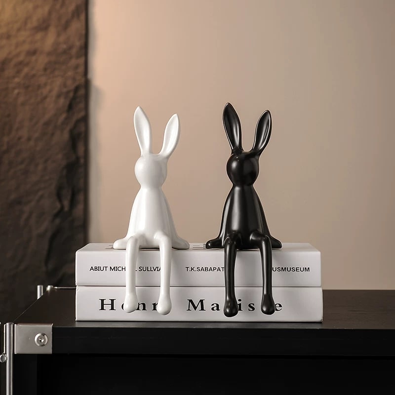 Matte Ceramic Long-Eared Rabbit Figurine Set photo 3
