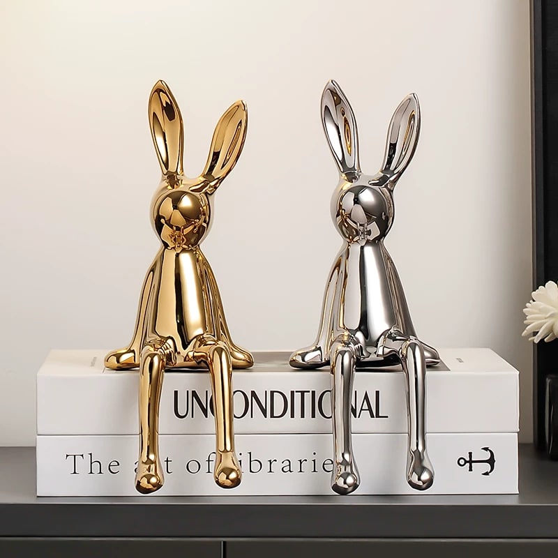 Matte Ceramic Long-Eared Rabbit Figurine Set photo 5