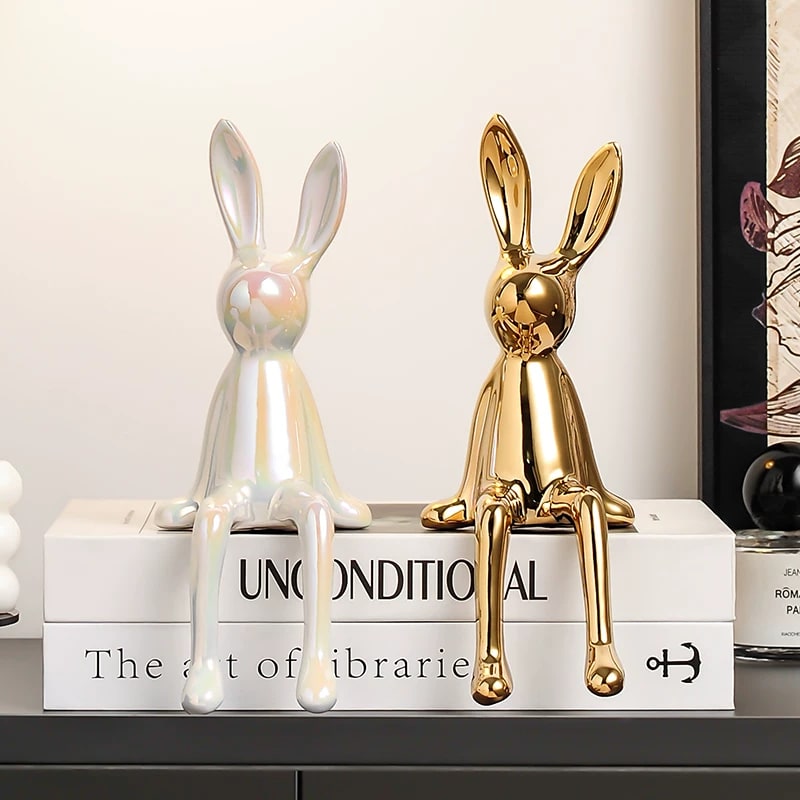 Matte Ceramic Long-Eared Rabbit Figurine Set photo 6