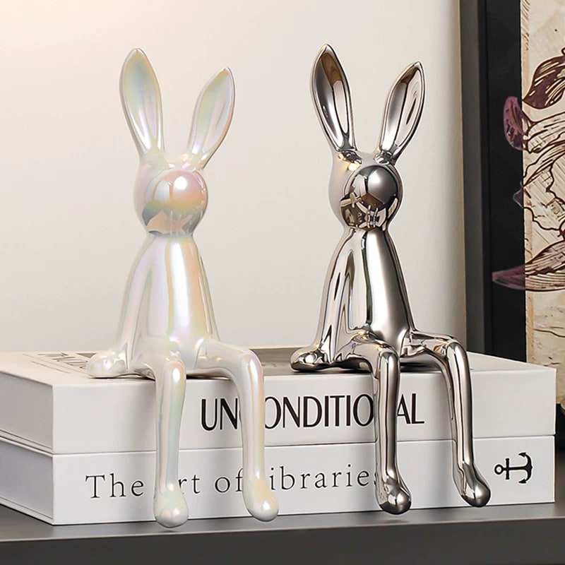 Matte Ceramic Long-Eared Rabbit Figurine Set photo 5