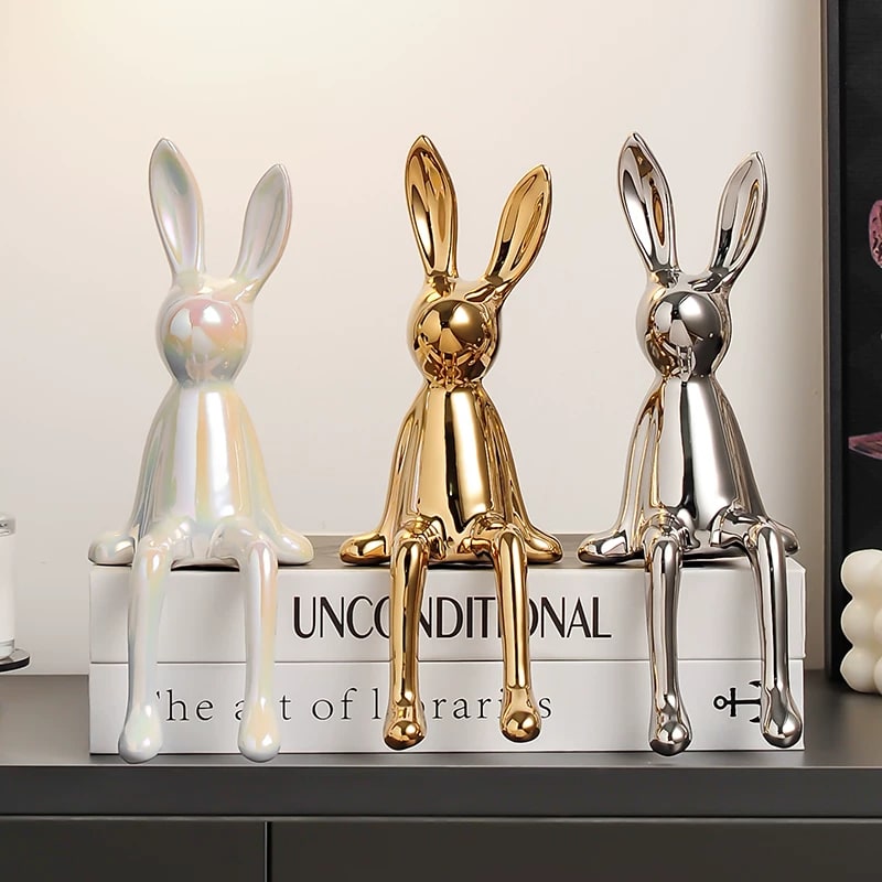 Matte Ceramic Long-Eared Rabbit Figurine Set photo 6