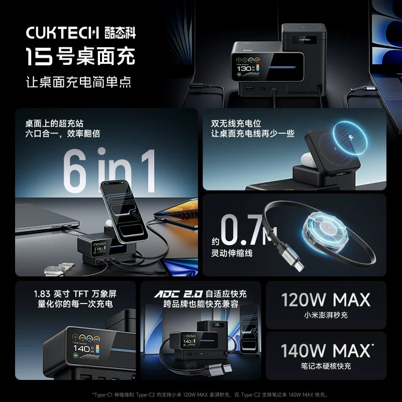 CUKTECH TA1406 140W 6-in-1 Desktop GaN Charging Station photo 3