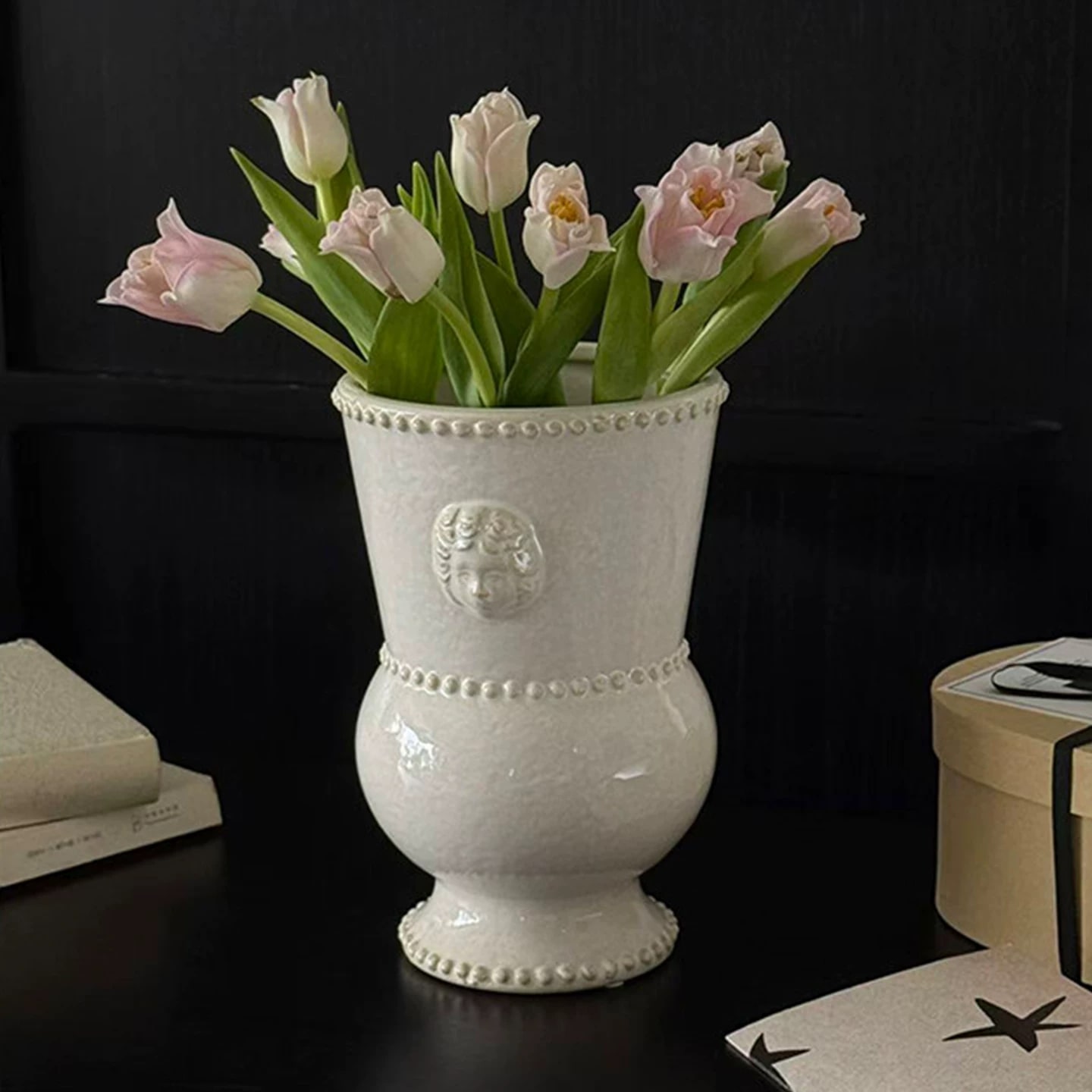 European Style White Embossed Ceramic Vase photo 2