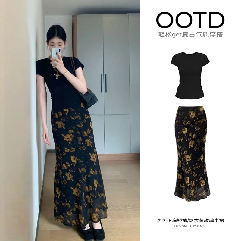 Women's Floral Skirt and Black Top Set photo 4