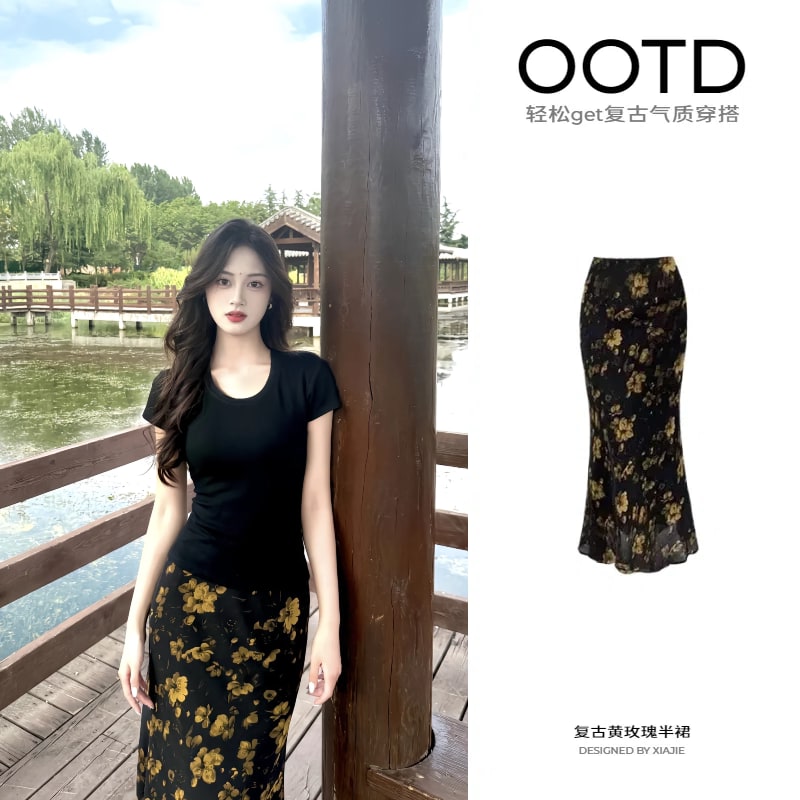 Women's Floral Skirt and Black Top Set photo 2
