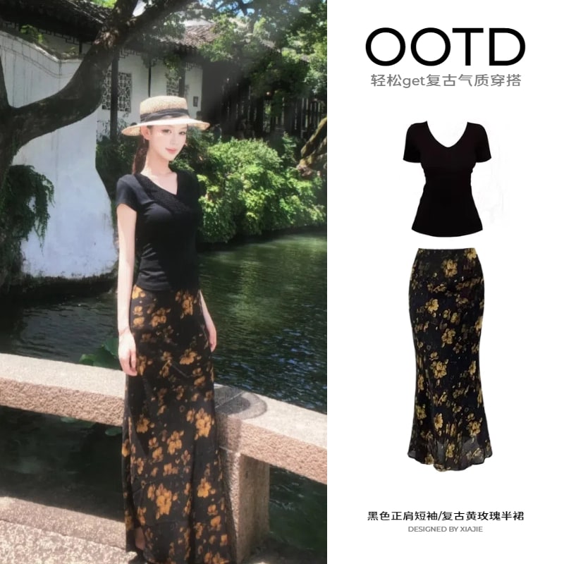 Women's Floral Skirt and Black Top Set photo 6