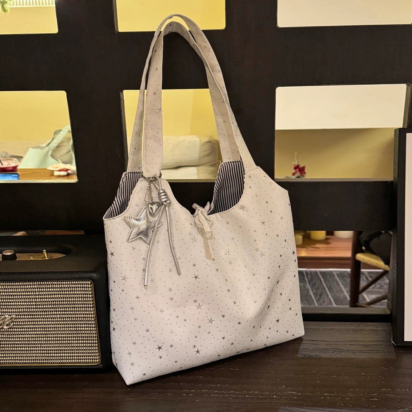 Star Print Canvas Tote with Tie Closure photo 4