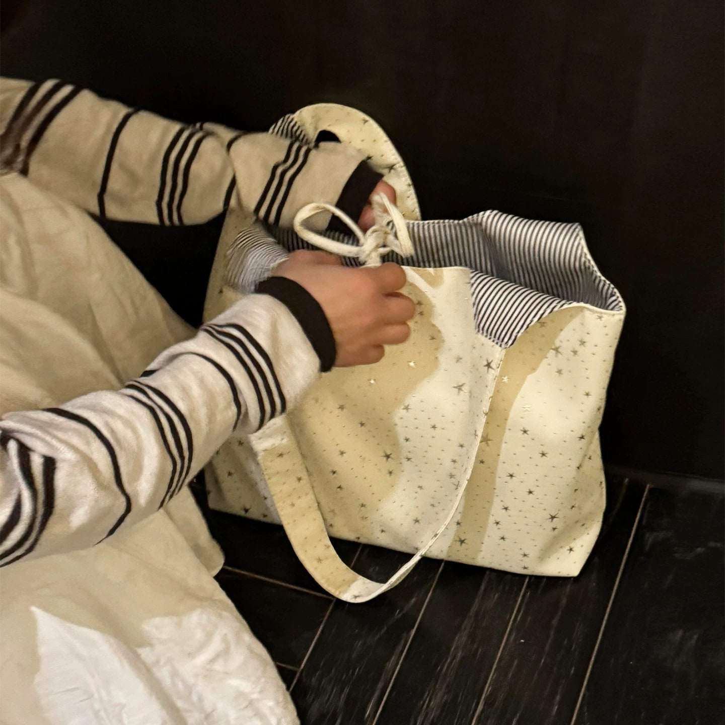Star Print Canvas Tote with Tie Closure