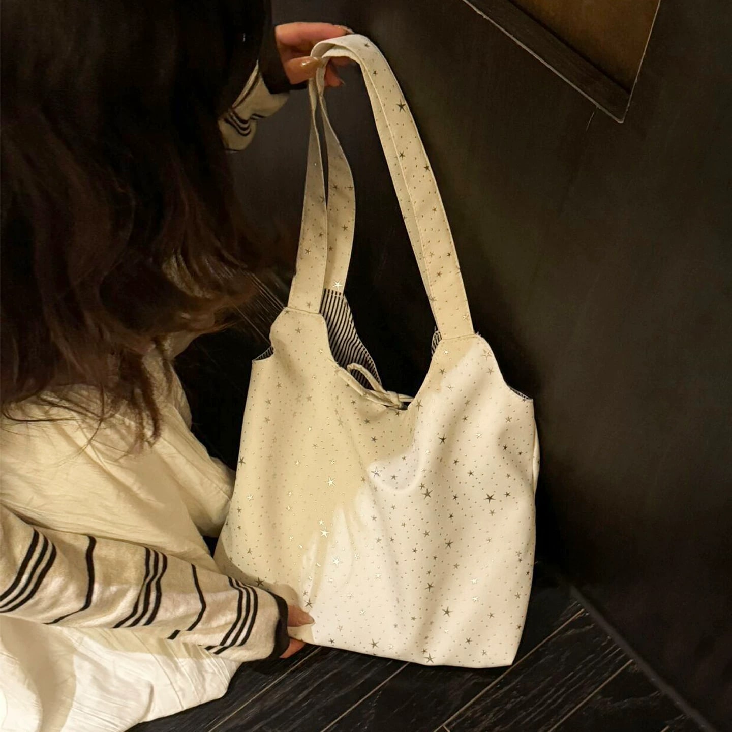Star Print Canvas Tote with Tie Closure photo 5