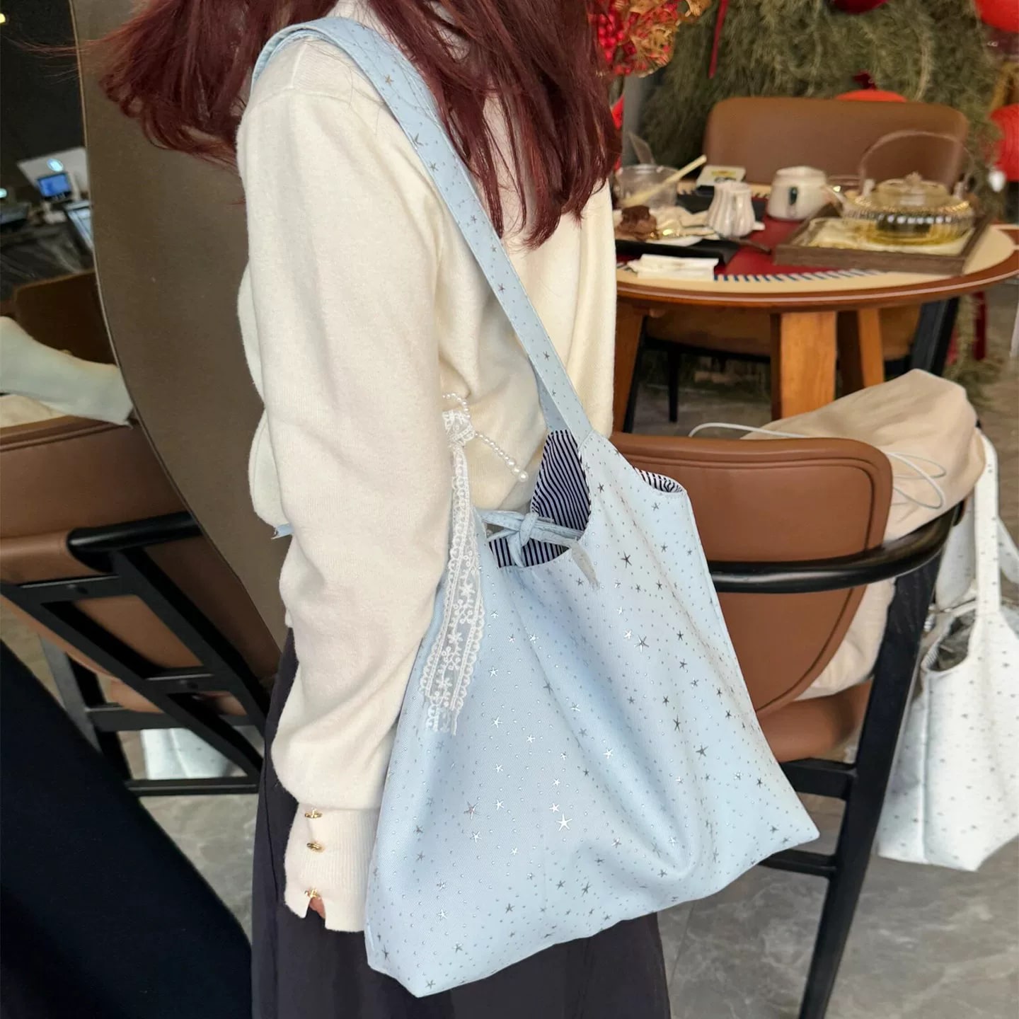 Star Print Canvas Tote with Tie Closure photo 3