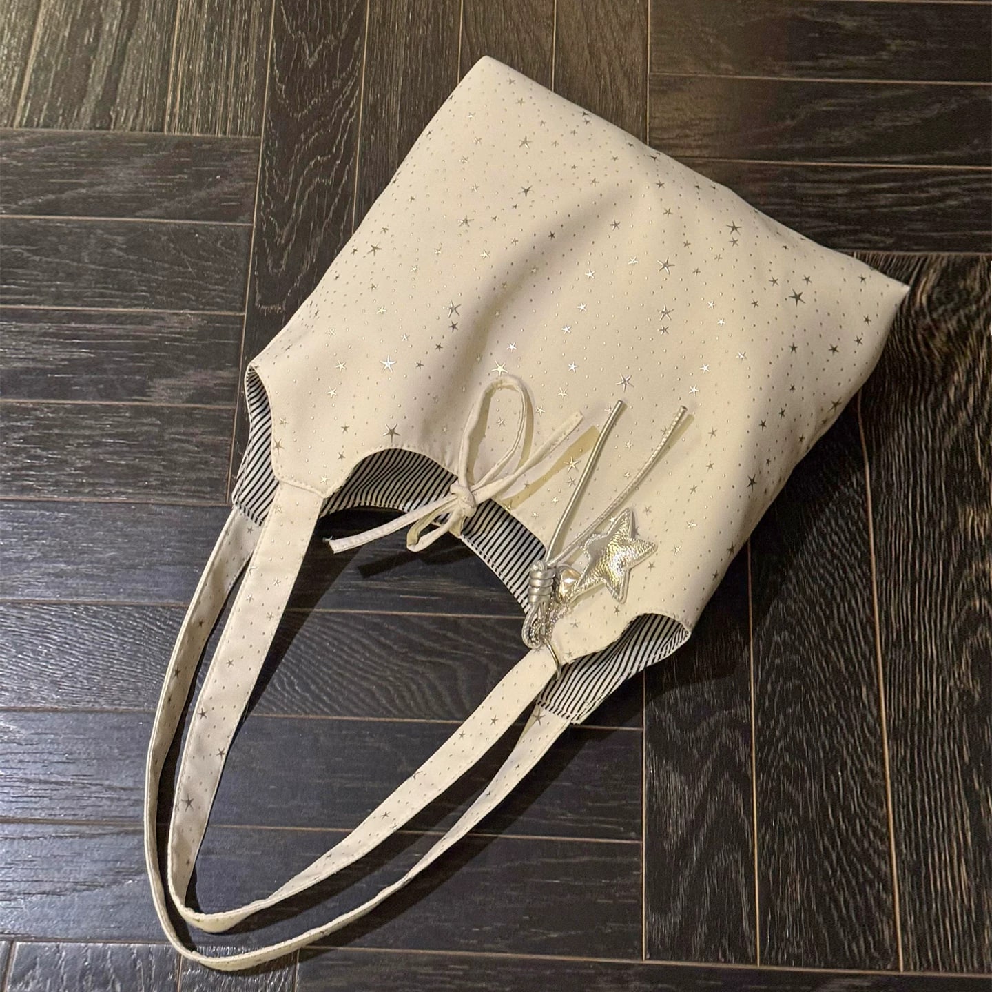 Star Print Canvas Tote with Tie Closure photo 6