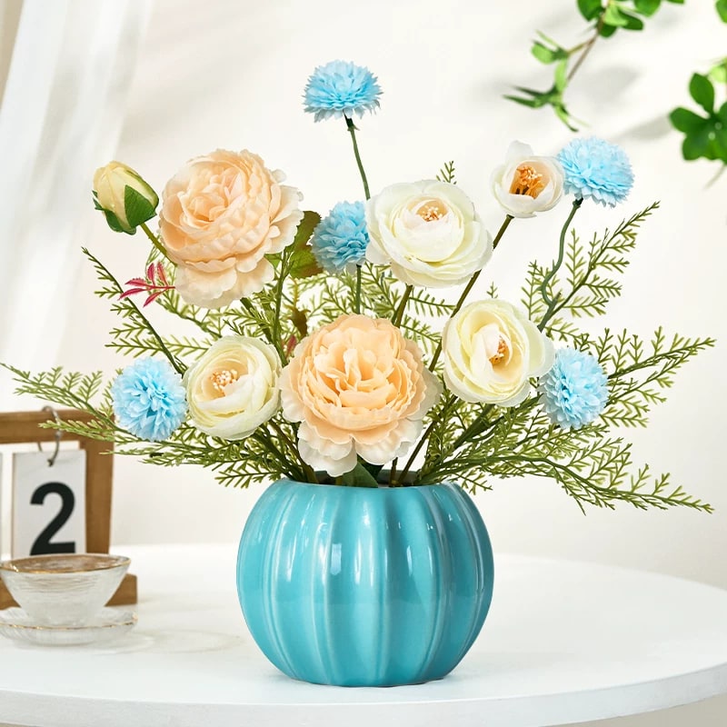 Artificial Flower Bouquet with Ceramic Vase Set photo 2