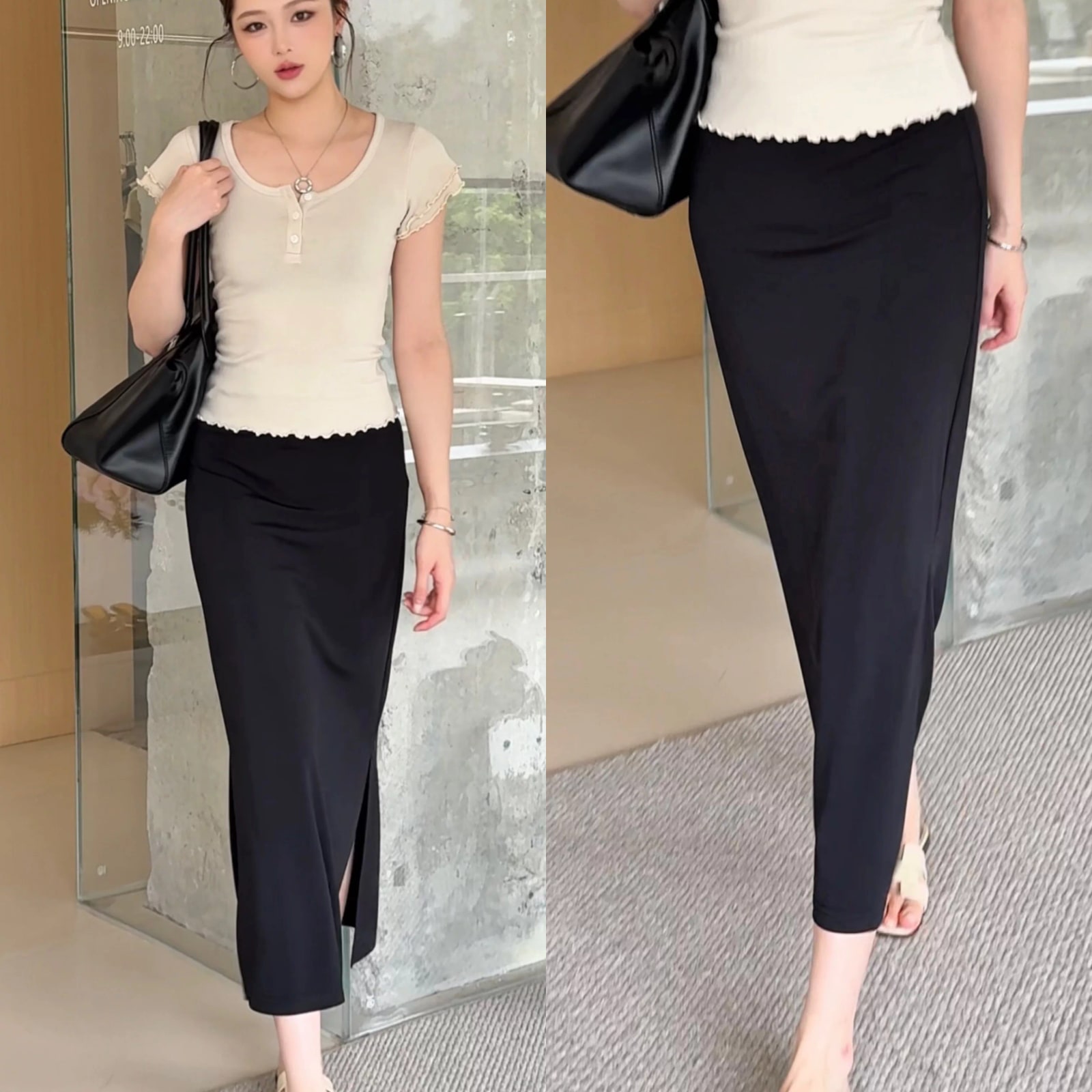 Black Straight Column Maxi Skirt with Side Split photo 4