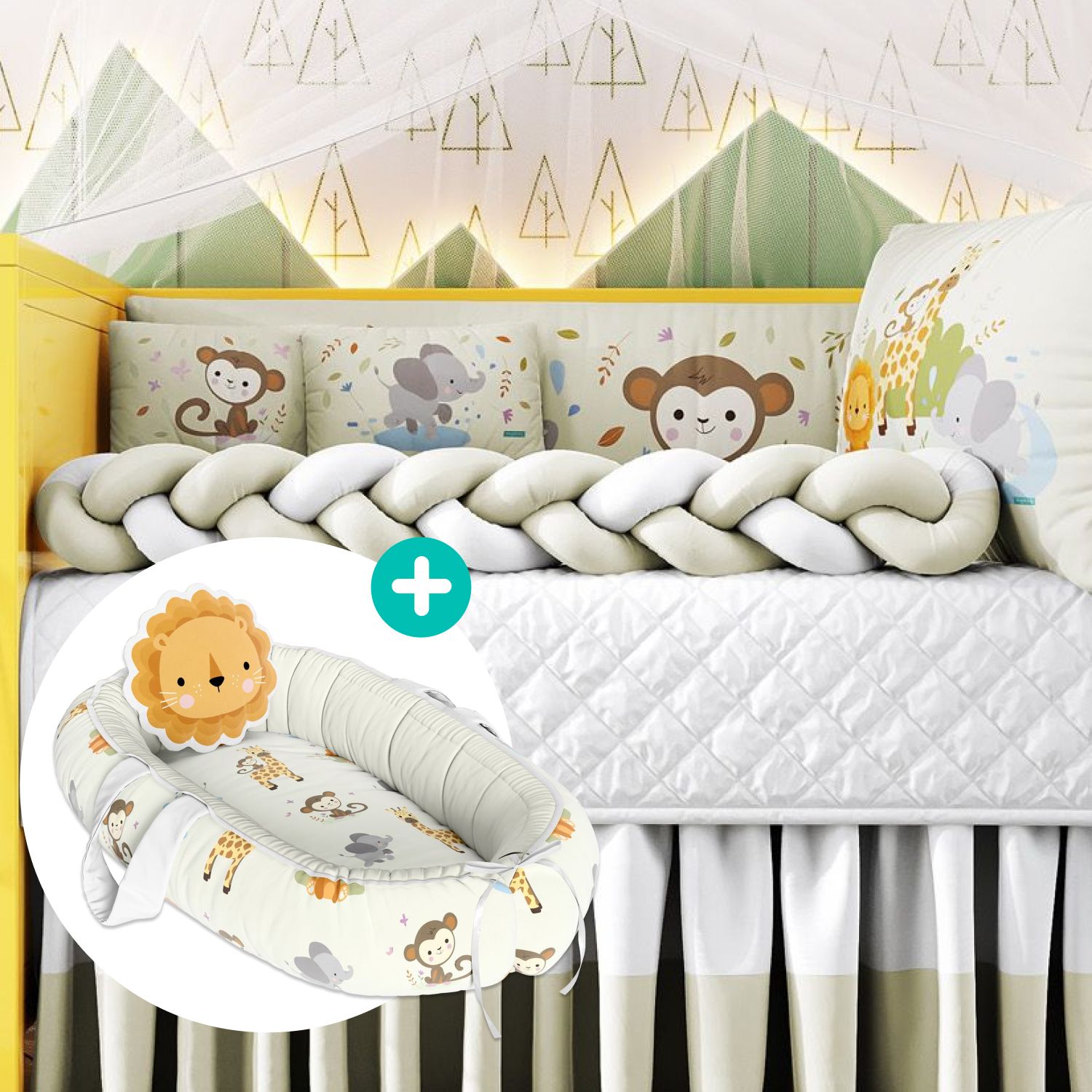 Kit Berço Trança Selva Baby + Ninho para Bebê Redutor de Berço Leão Selva Baby