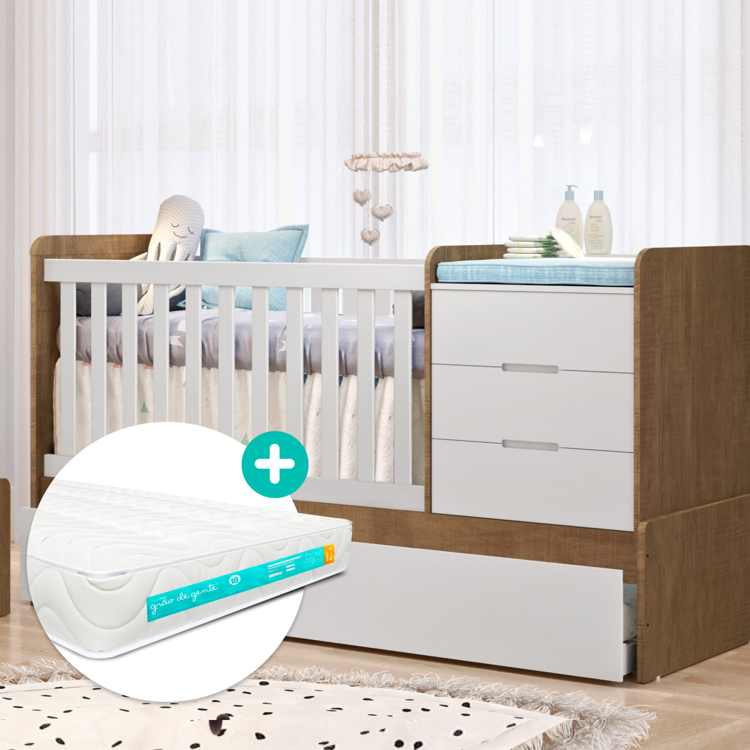 Berço Multifuncional 3 em 1 com Cama Auxiliar Madeira Cléo + Colchão