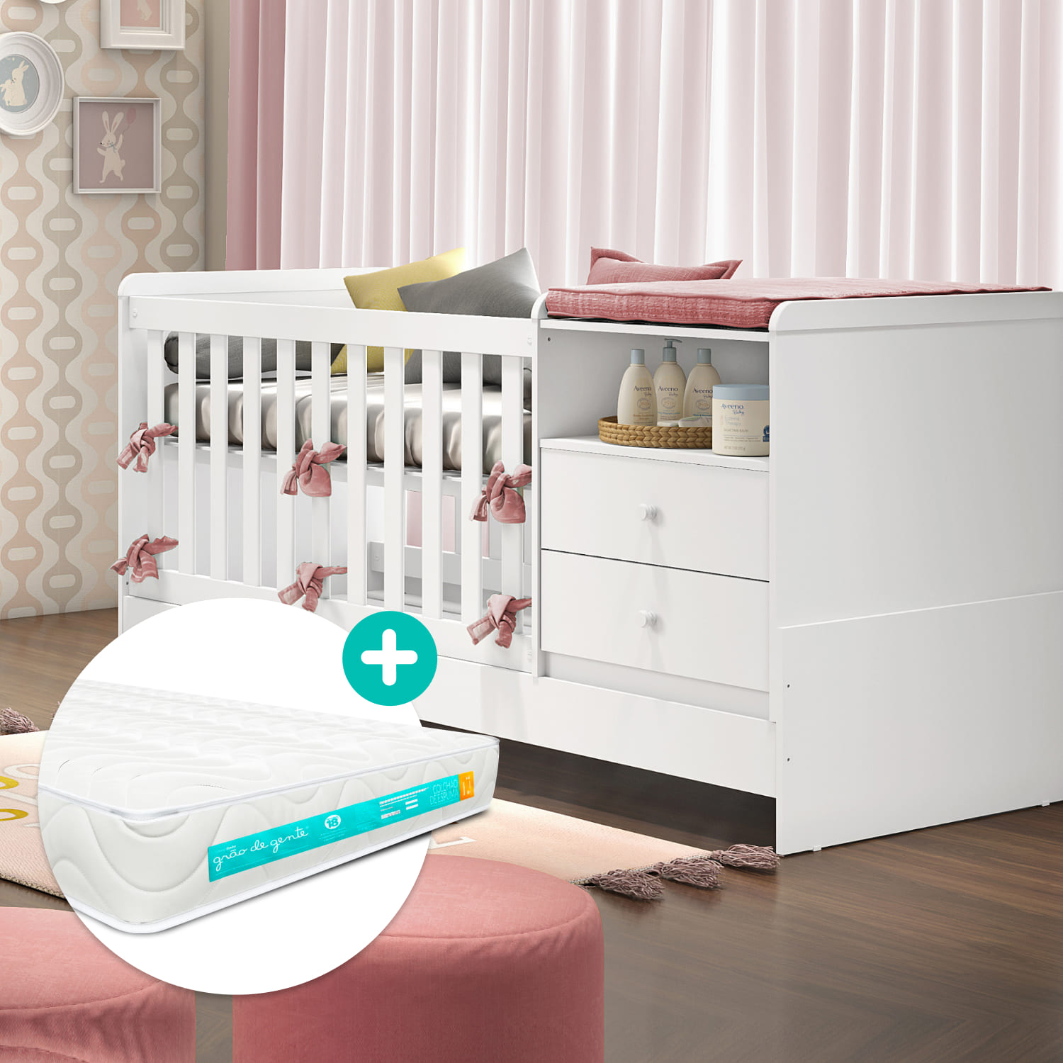 Berço Multifuncional 3 em 1 Branco Selena + Colchão