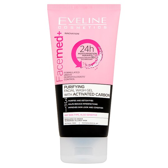 Eveline Cosmetics Facemed+ 3 az 1 ben tisztító arclemosó gél aktív karbonnal 150 ml