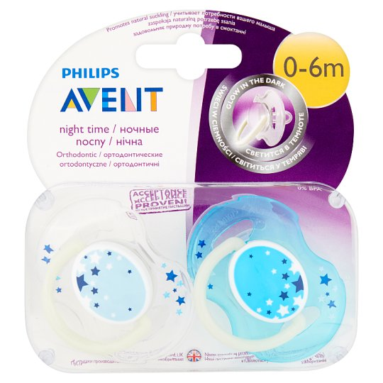 Philips Avent éjszakai fluoreszkáló fogszabályzós játszócumik kupakkal 0 6 hónapos korig 2 db