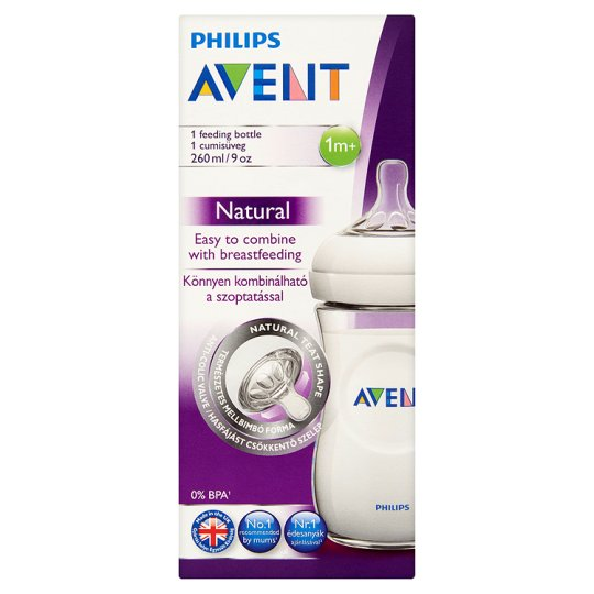 Philips Avent Natural 260 ml es cumisüveg lassú átfolyású etetőcumival 1 hónapos kortól