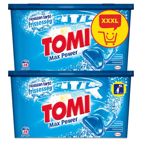 Tomi Tomi Max Power kétkamrás mosókapszula gépi mosáshoz fehér és világos ruhadarabokhoz 28 mosás 560 g