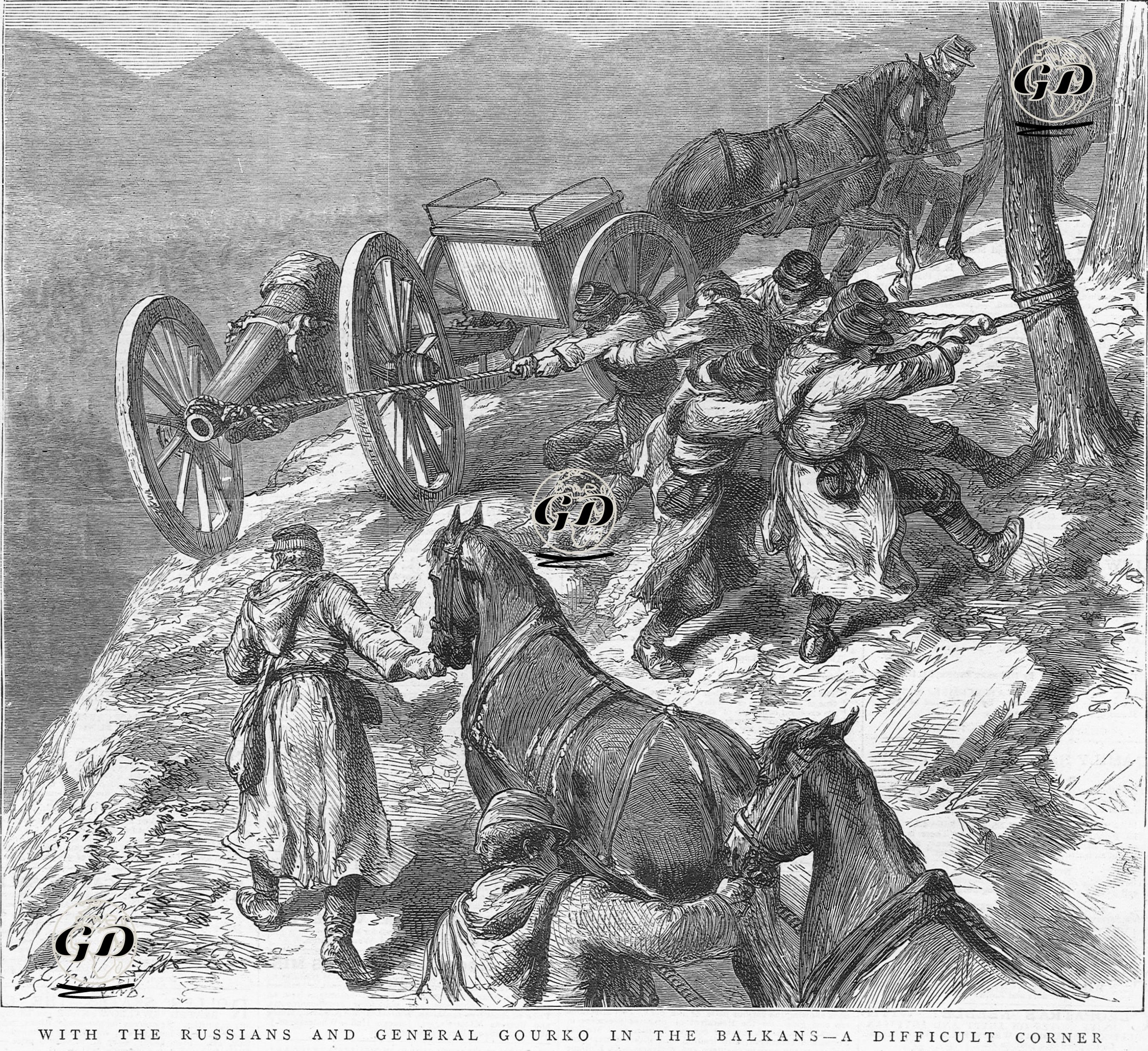 93 Harbi Sırasında Balkankarda Etropol Geçitinde Rus Askerlerinin Toplarını Götürmeleri -  - 1877