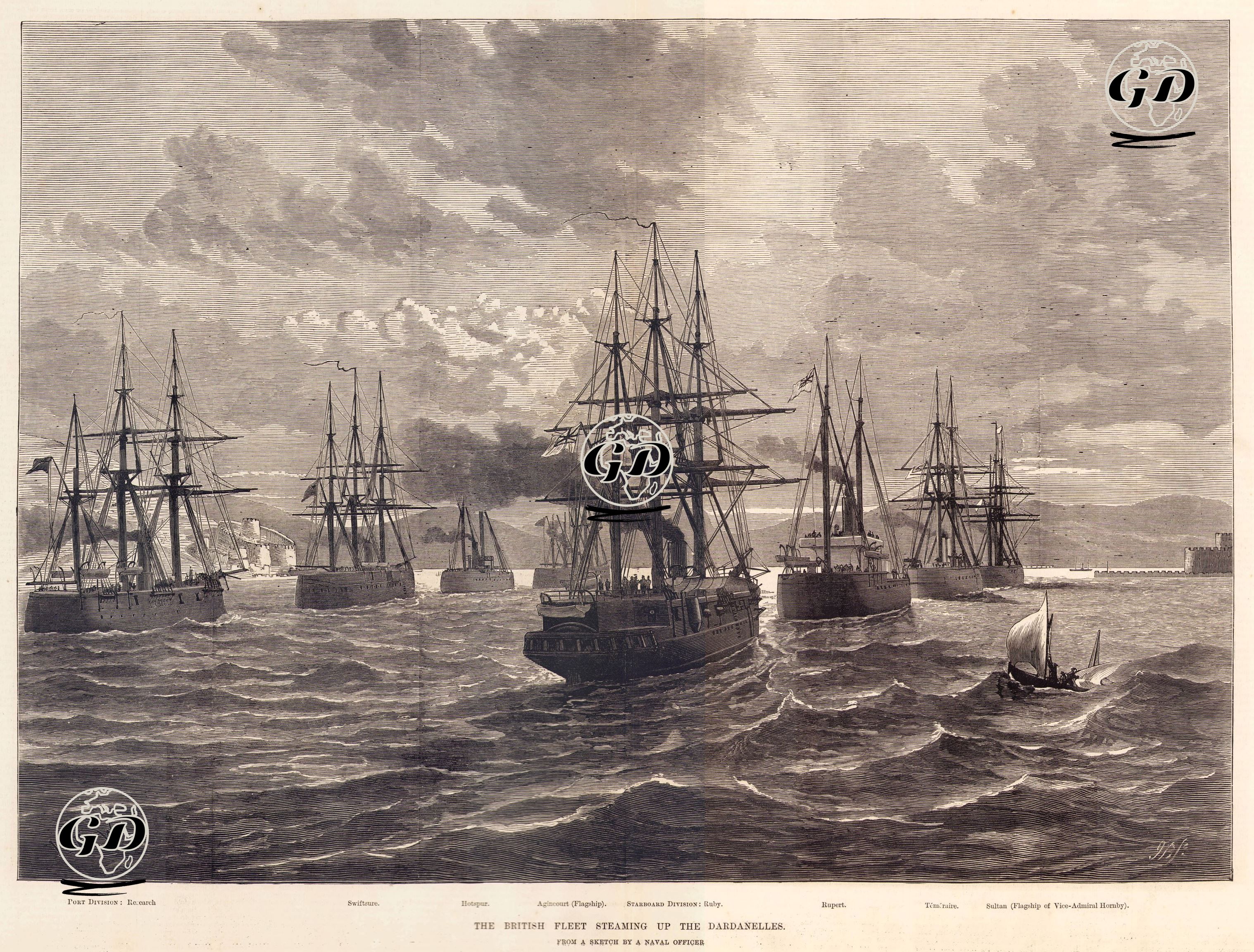 93 Harbi Sırasında Çanakkale Boğazında Bulunan İngiliz Donanması-Port Division, Research, Swiftsure, Hotspur, Agincourt (Amiral Gemisi-Sancak Gemisi), Starboard Division Ruby,Rupert, Temeraire, Sultan (Amiral Hornby'nin Gemisi) - Josiah Robert Wells(1849-1897) - 1878