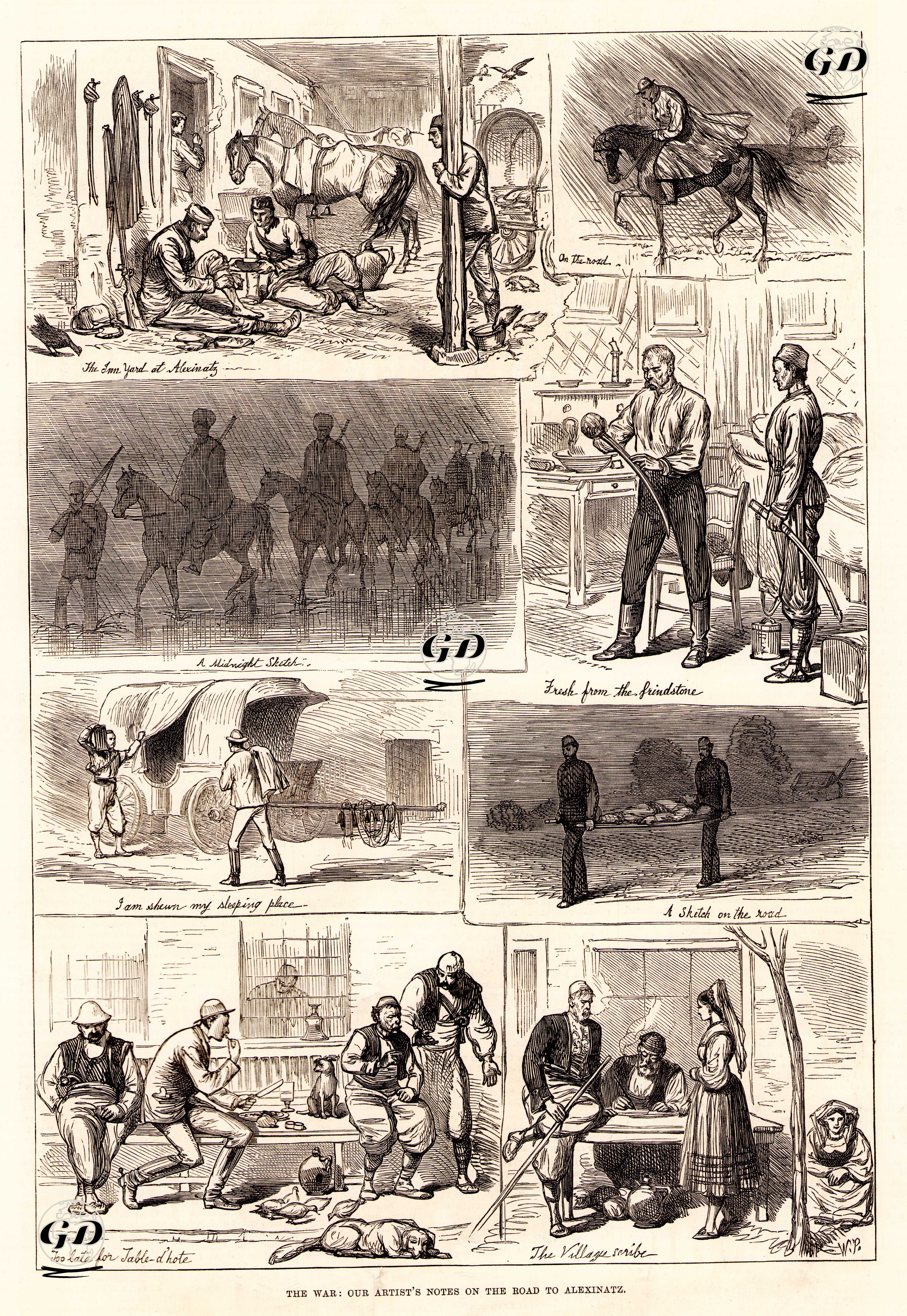 The War, Our Artist's Notes On The Road To Alexinatz- The Inn Yard At Alexinatz, On The Road, A Midnight Sketch, Fresh From The Grindstone, I Am Shown My Sleeping Place, A Sketch On The Road, Too Late For TheTable D'Hote, The Village Scribe - Walter Stanley Paget (1863-1935) - 1876