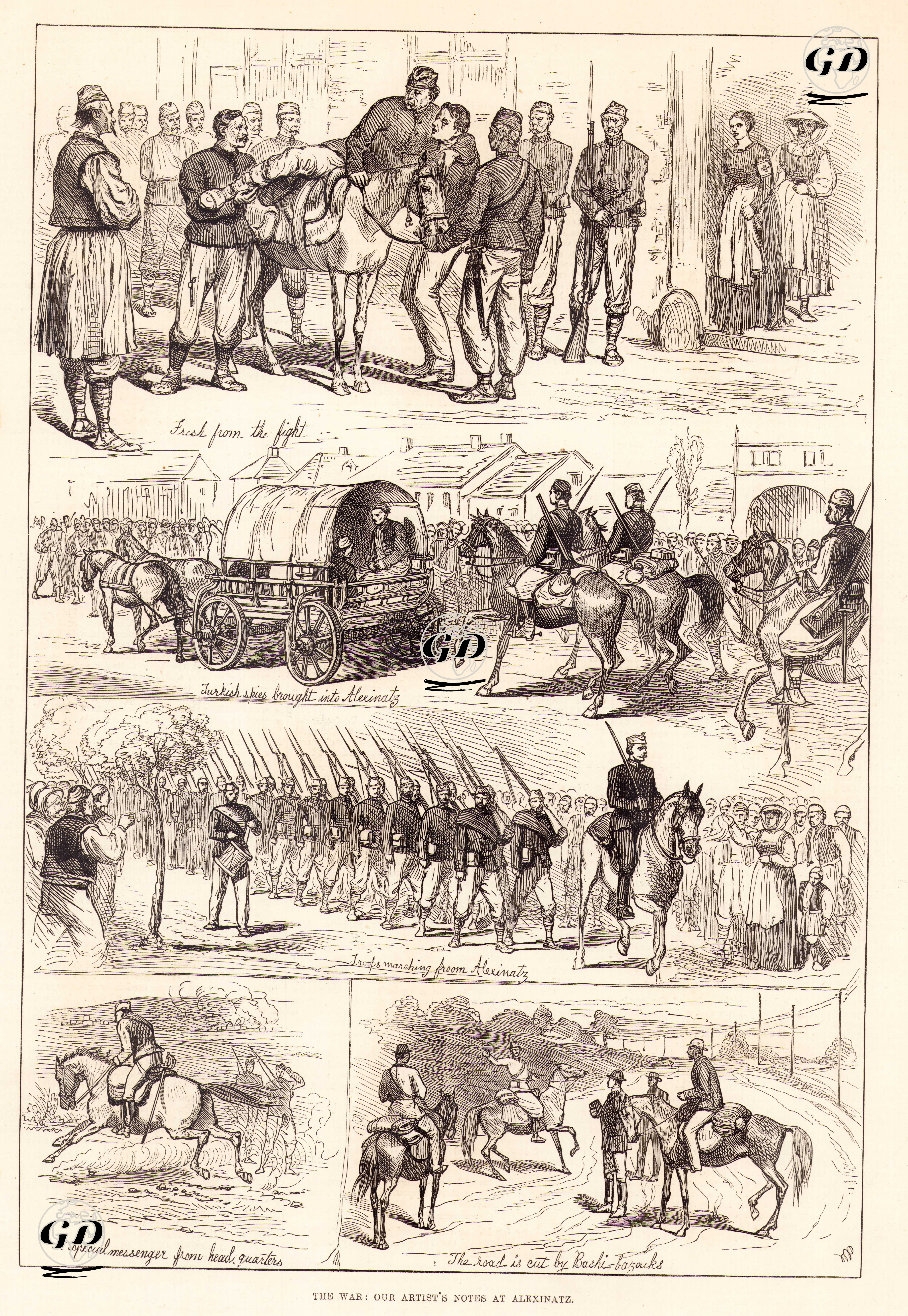 1876-1877 Osmanlı-Sırp Savaşı Sırasında Aleksinaç'dan Çeşitli Çizimler-Savaşta Yaralanmış Askerler-Aleksinaç'a Getirilen Türk Casusları-Aleksinaç'den Savaşa Giden Sırp Ordusu-Sırp Ordusu Karargahından Gelen Haberci-Başıbozuklar Tarafından Kesilmiş Yol -  - 1876