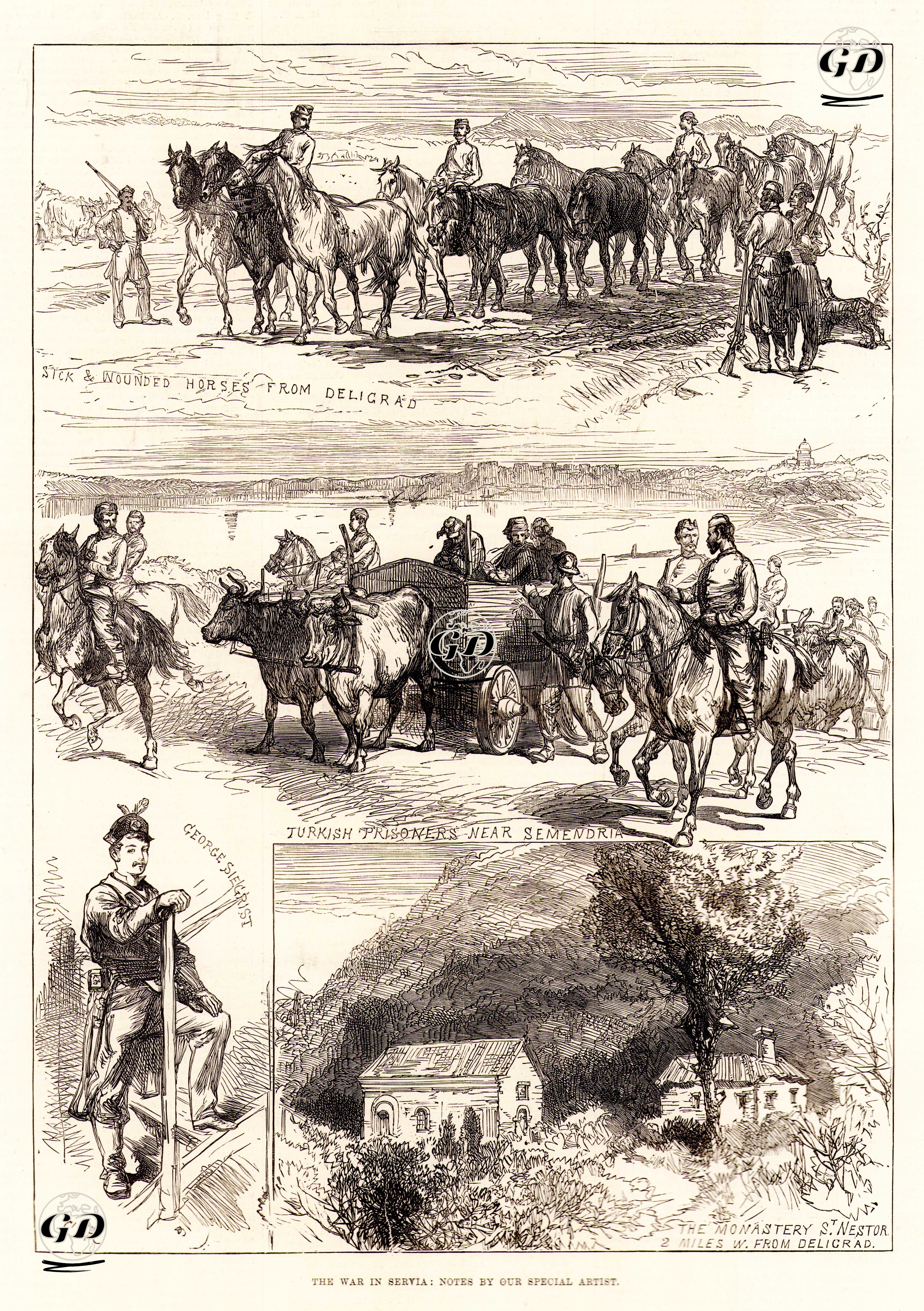 1876-1877 Osmanlı-Sırp Savaşından Çeşitli Çizimler- Deligrad'dan Yaralı Ve Hasta Atlar-Semendrie Yakınlarında Türk 
Esirler-George Siegrist-Deligra'nın 2 Mil Batısındaki St. St.Nestor Manastırı - C.Robinson - 1876