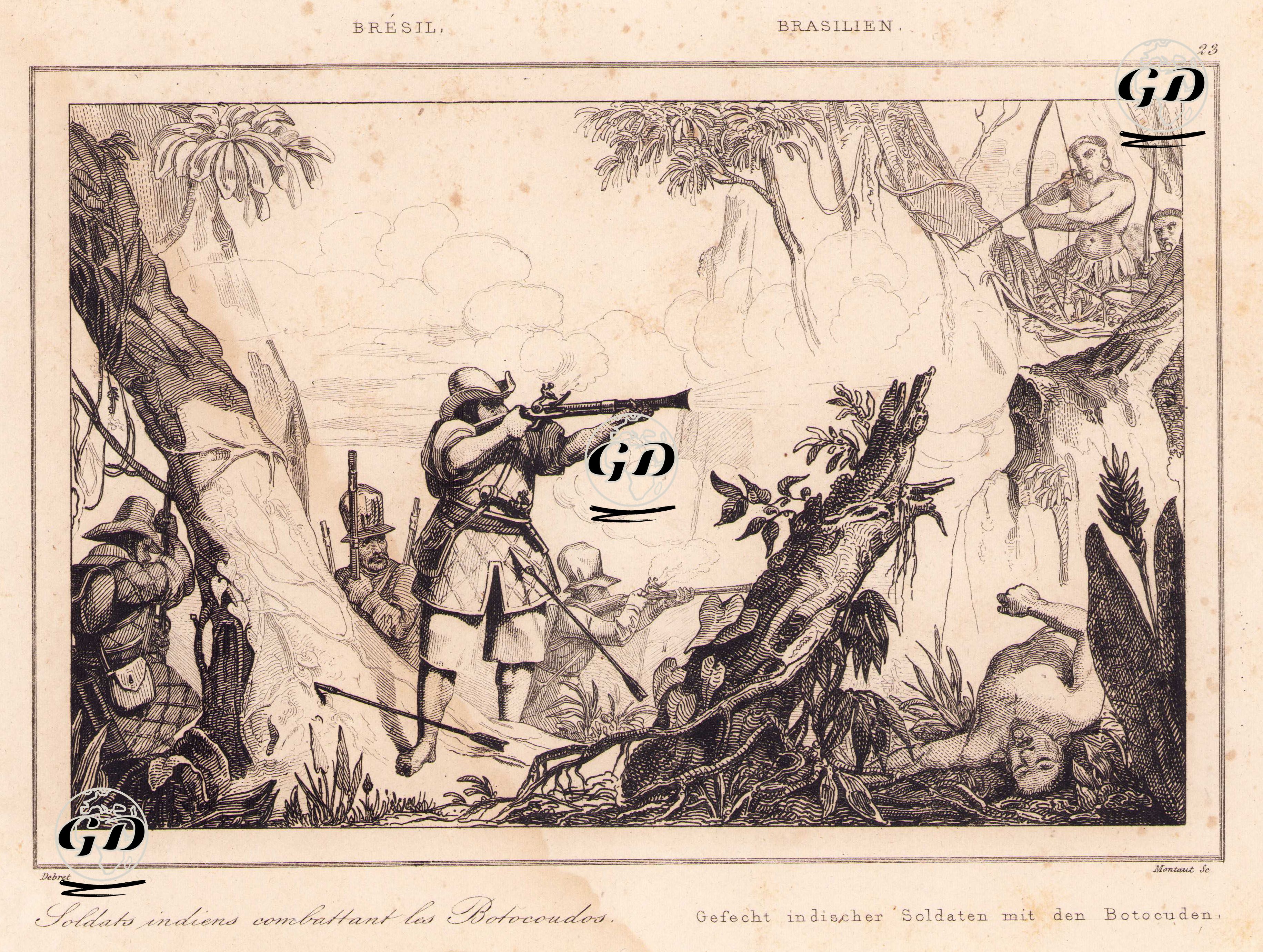Brezilya'da Askerlerle Botocudos Kabile Üyelerinin Savaşması - Jean Baptiste Debret (1768-1848) - 1837