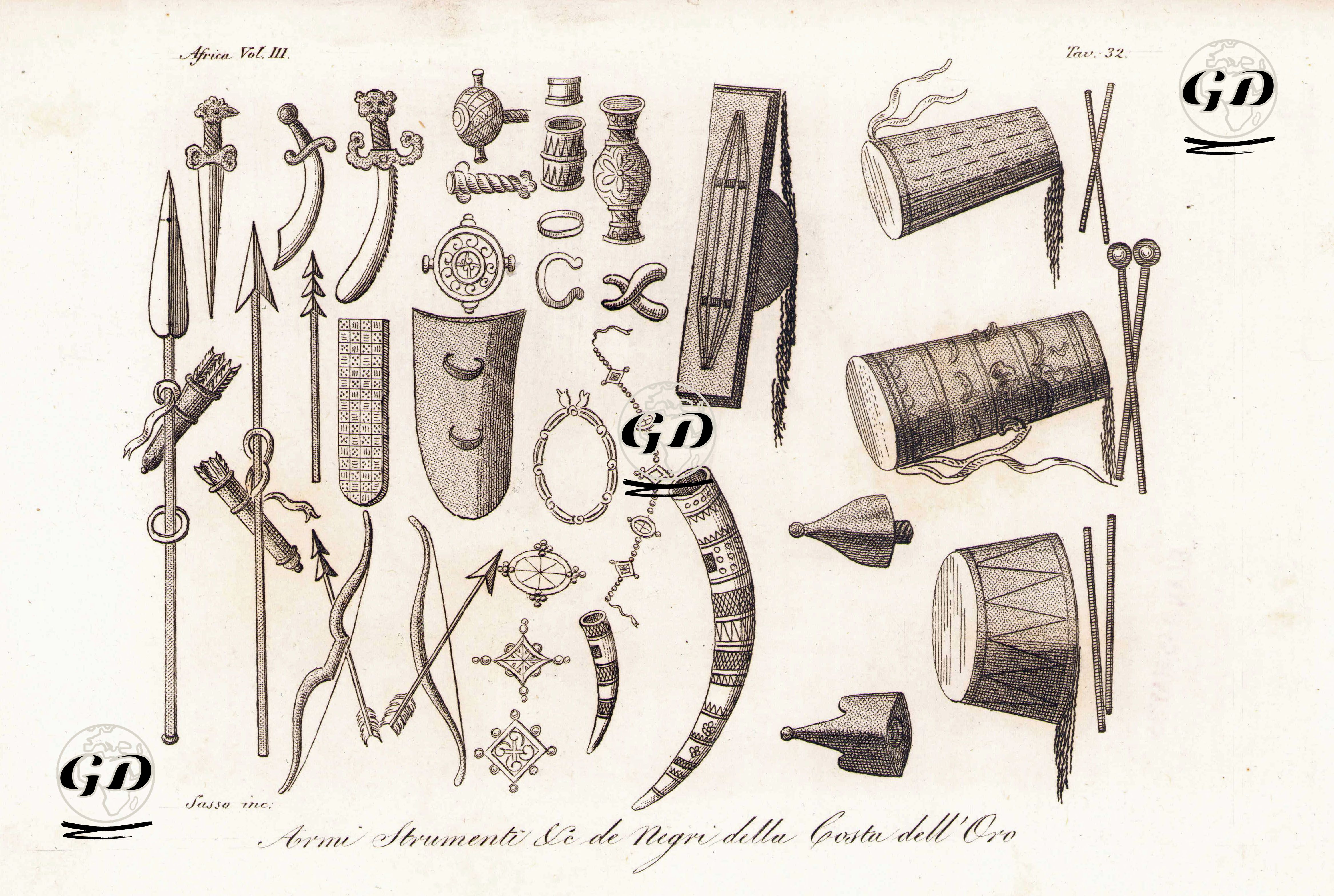 Armi Strumenti & C Di Negri Della Costa Dell' Oro, Africa Vol.III. Tav.32.(Weapons And Tools Of The Natives Of The Gold Coast) -  - 1820's-1840's