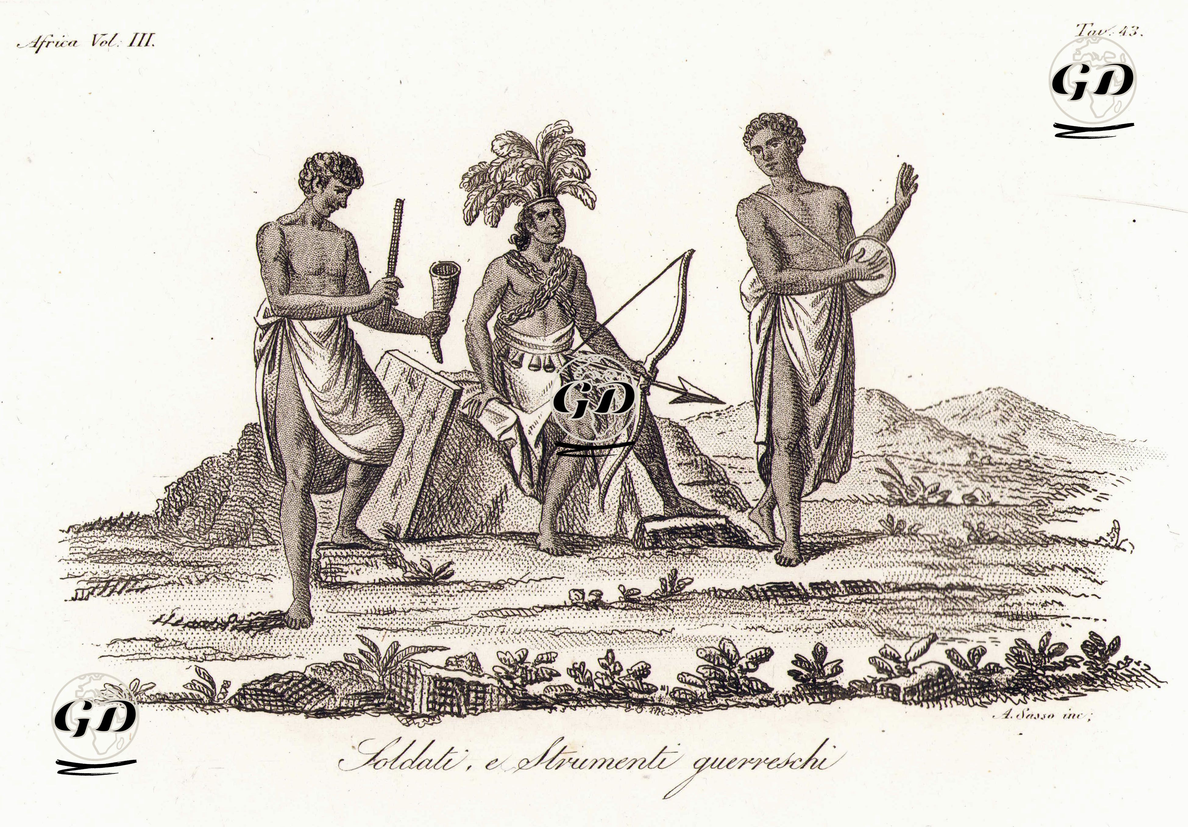 Soldati E Strumenti Guerreschi, Africa Vol.III. Tav.43 (Kongo Soldiers With Warlike instruments) -  - 1820's-1840's