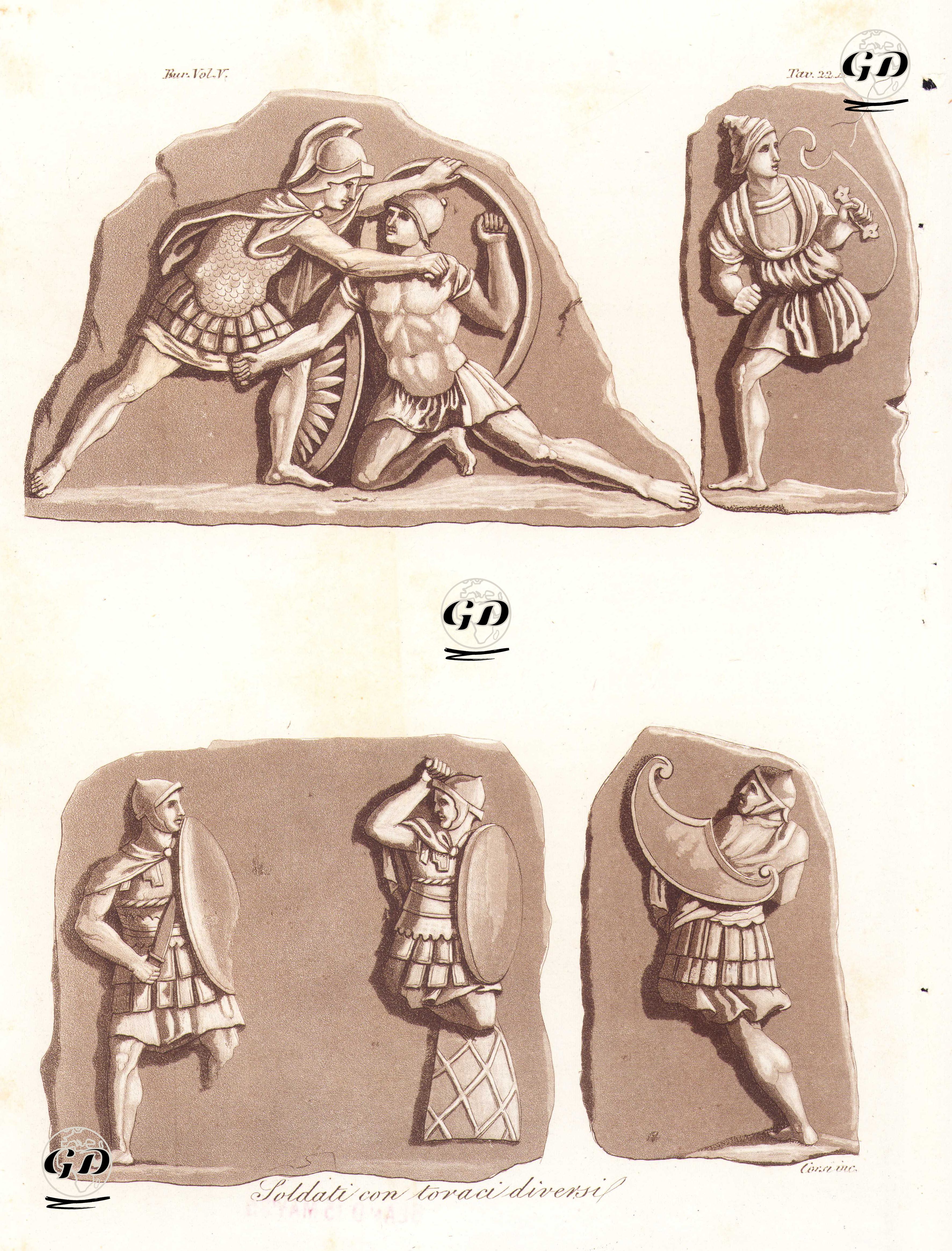 Soldati Con Toraci Diversi, Eur. Vol V. Tav.22.A. (Etruscan Soldiers With Different Cuirasses (Metal Chest Plates)) -  - 1820's-1840's
