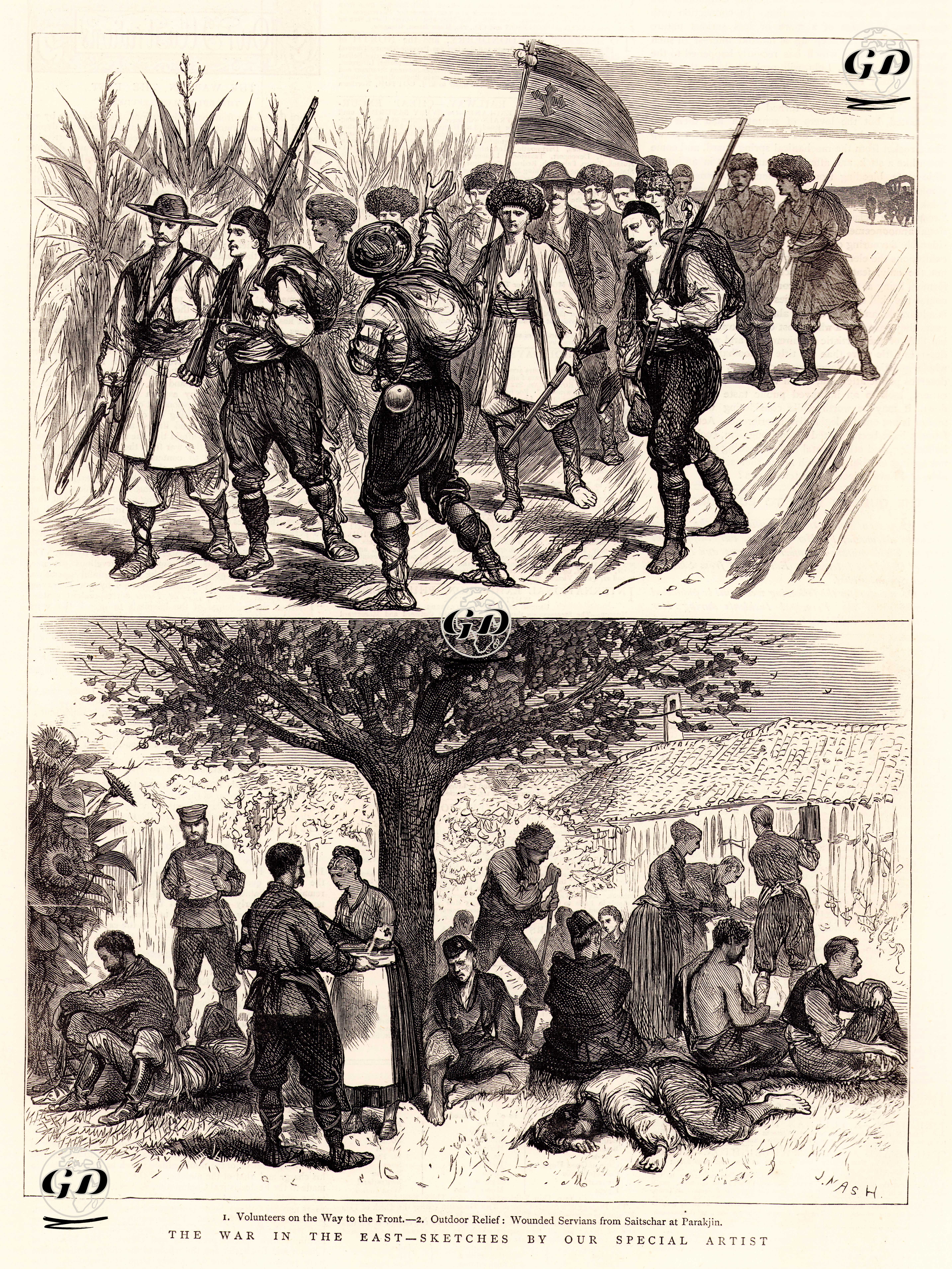 The War in The East-1.The Volunteers On The Way To The Front 2.Outdoor Relief, Wounded Servians From Saitschar At Parakjin  - Joseph Nash (1809-1878) - 1876