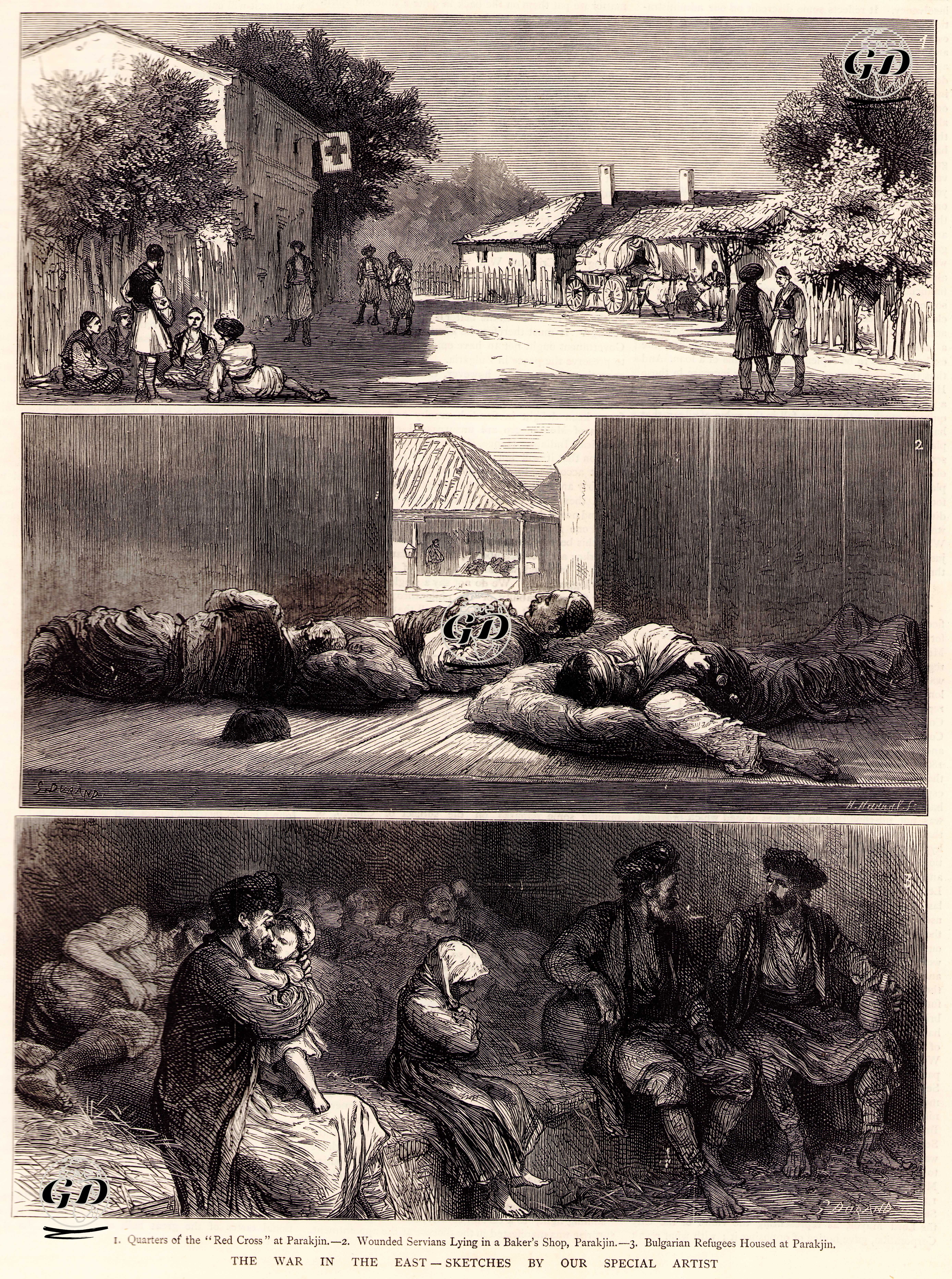 The War in The East-1. Quarters Of The "Red Cross" At Parakjin 2.Wounded Servians Lying in A Baker's Shop, Parakjin 3.Bulgarian Refugees Housed At Parakjin  - Godefroy Durand (1832-1896) - 1876