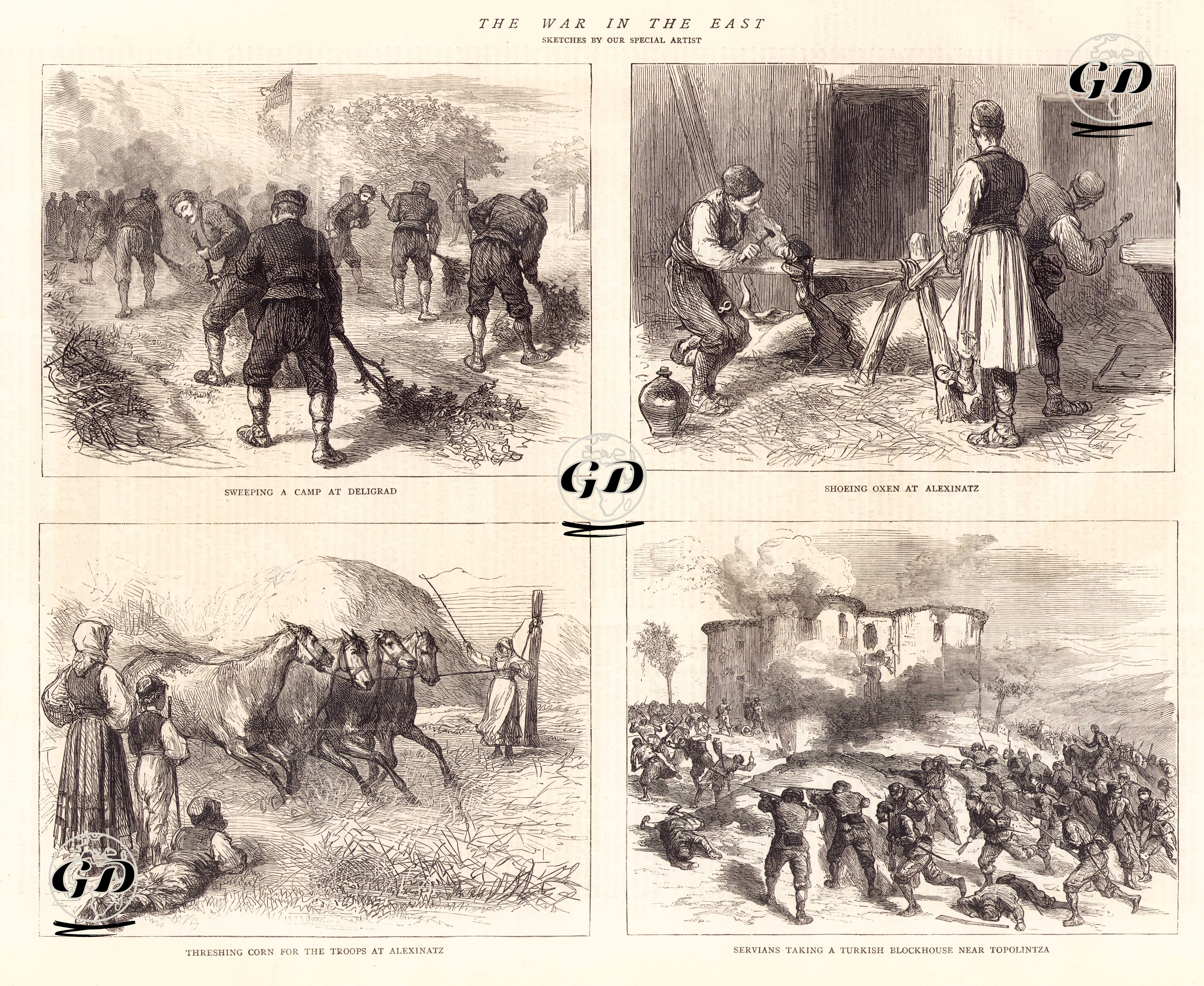1876-1877 Osmanlı-Sırp Savaşı Sırasında-Deligrad'da Bir Kampta Mıntıka Temizliği-Aleksinac'da Öküzlerin Nallanması-Aleksinac'da Askerler İçin 
Mısırların Harmanlanması-Topolintza Yakınlarındaki Türk Karakolunun Sırplar Tarafından Alınması -  - 1876