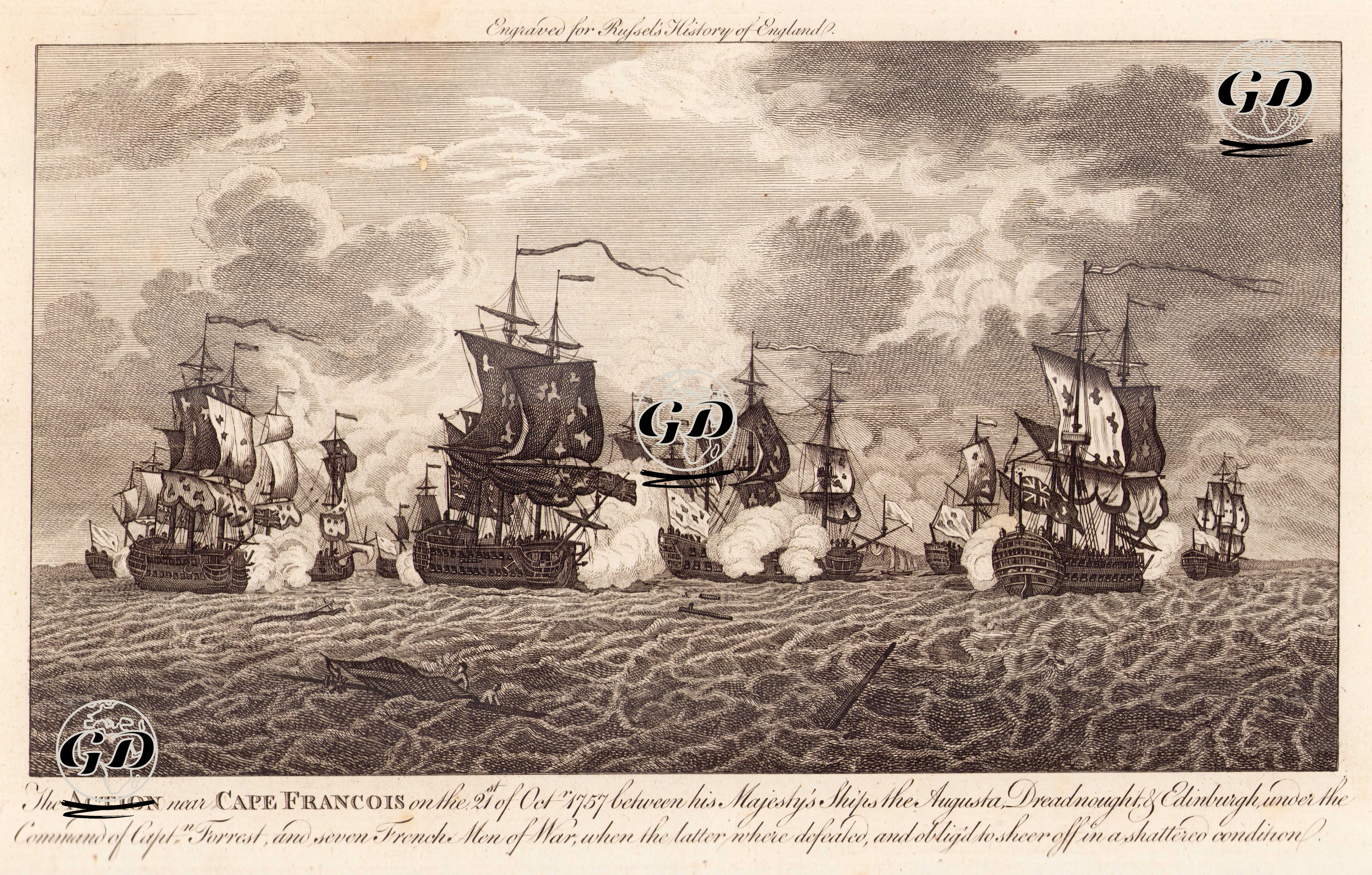 Yedi Yıl Savaşları (1754-1763) Kapsamında Cap-Français Limanının Dışında 21 Ekim 1757 Tarihinde Kaptan Forrest Komutasındaki Augusta, Dretnot ve 
Edinburgh Gemileri İle 7 Fransız Gemisi Arasında Meydana Gelen Cap-Français Deniz Savaşı -  - 1780