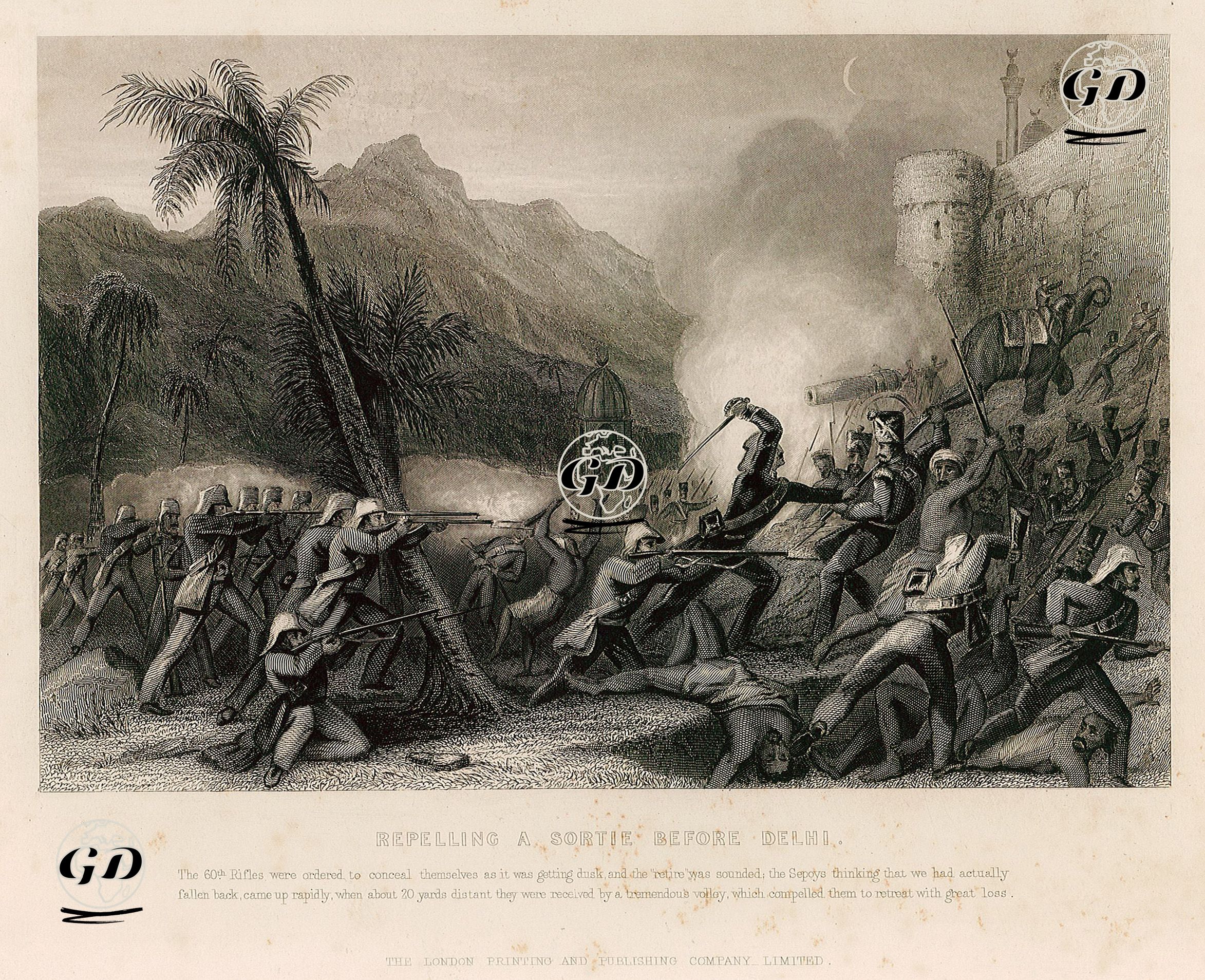 Repelling A Sortie Before Delhi-The 60th Rifles were ordered to conceal themselves, as it was getting dusk and the 'retire'sounded: The Sepoys thinking that we had actually fallen back, came up rapidly, when about 20 yards distant they were received by a tremendous volley, which compelled them to retreat with great loss -  - 1858