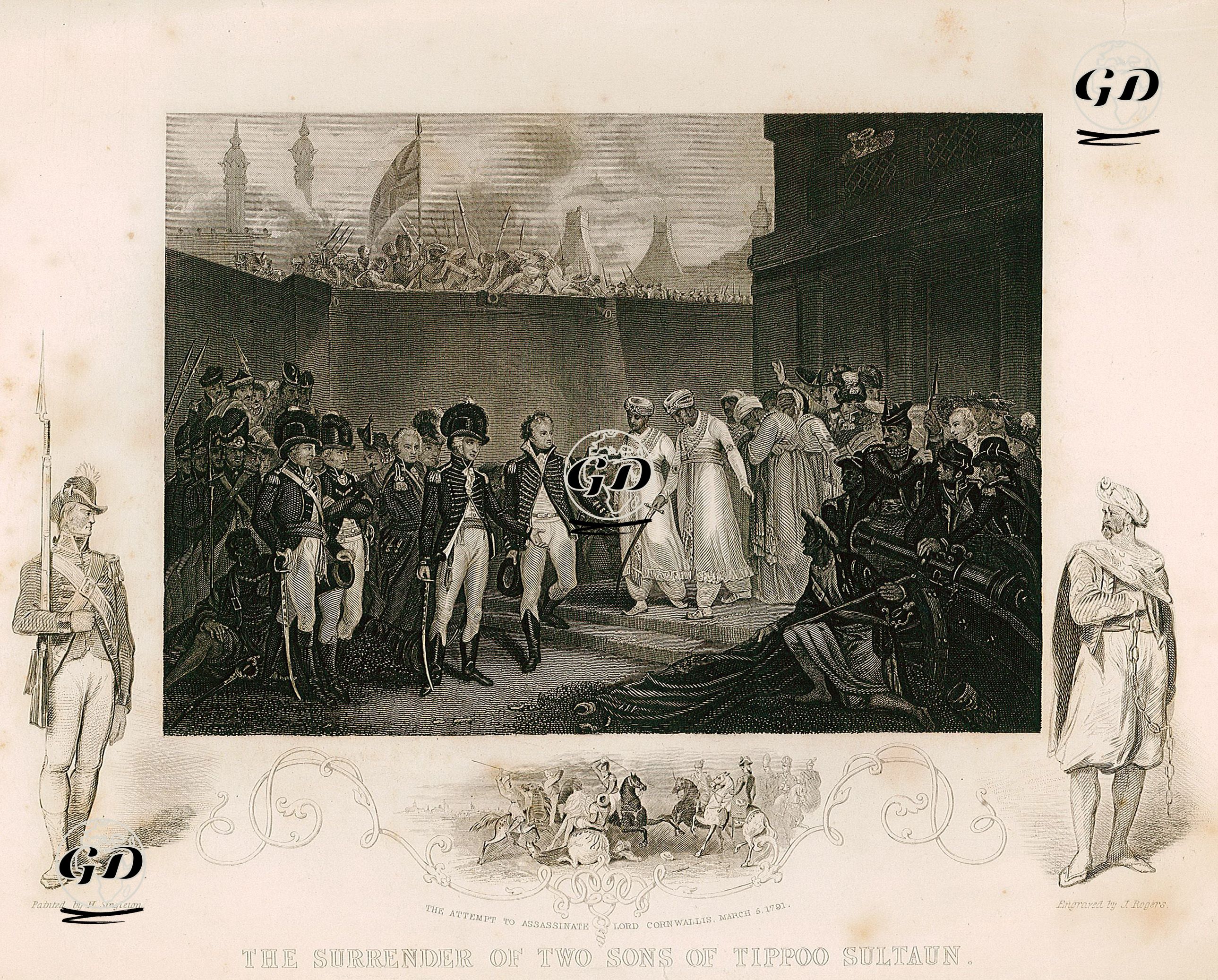 1792 yılında General Lord Cornwallis'in Savaş Tazminatının Teminatı Olarak Maisur Kralı Tipu Sultan'ın İki Oğlunu Rehin Alması-5 Mart 1791 Tarihinde Lord Cornwallis'e Suikast Girişimi - Henry Singleton (1766-1839) - 1856