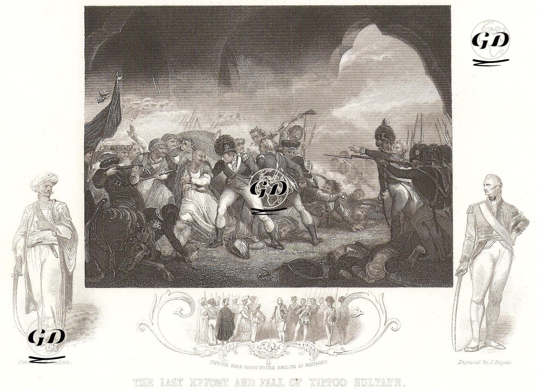 Mayıs 1799 Tarihinde Maisur Krallığının Başkenti Seringapatam'ı Ele geçirmek İçin Doğu Hindistan Şirketine Bağlı İngiliz Birliklerin Saldırması ve Kral Tipu Sultan'ın Liderliğinde Maisur Birliklerin Şehri Savunması-Savaş Tazminatının Teminatı Olarak Maisur Kralı Tipu Sultan'ın İki Oğlunu  General Lord Cornwallis'e Rehin Vermesi - Henry Singleton (1766-1839) - 1851