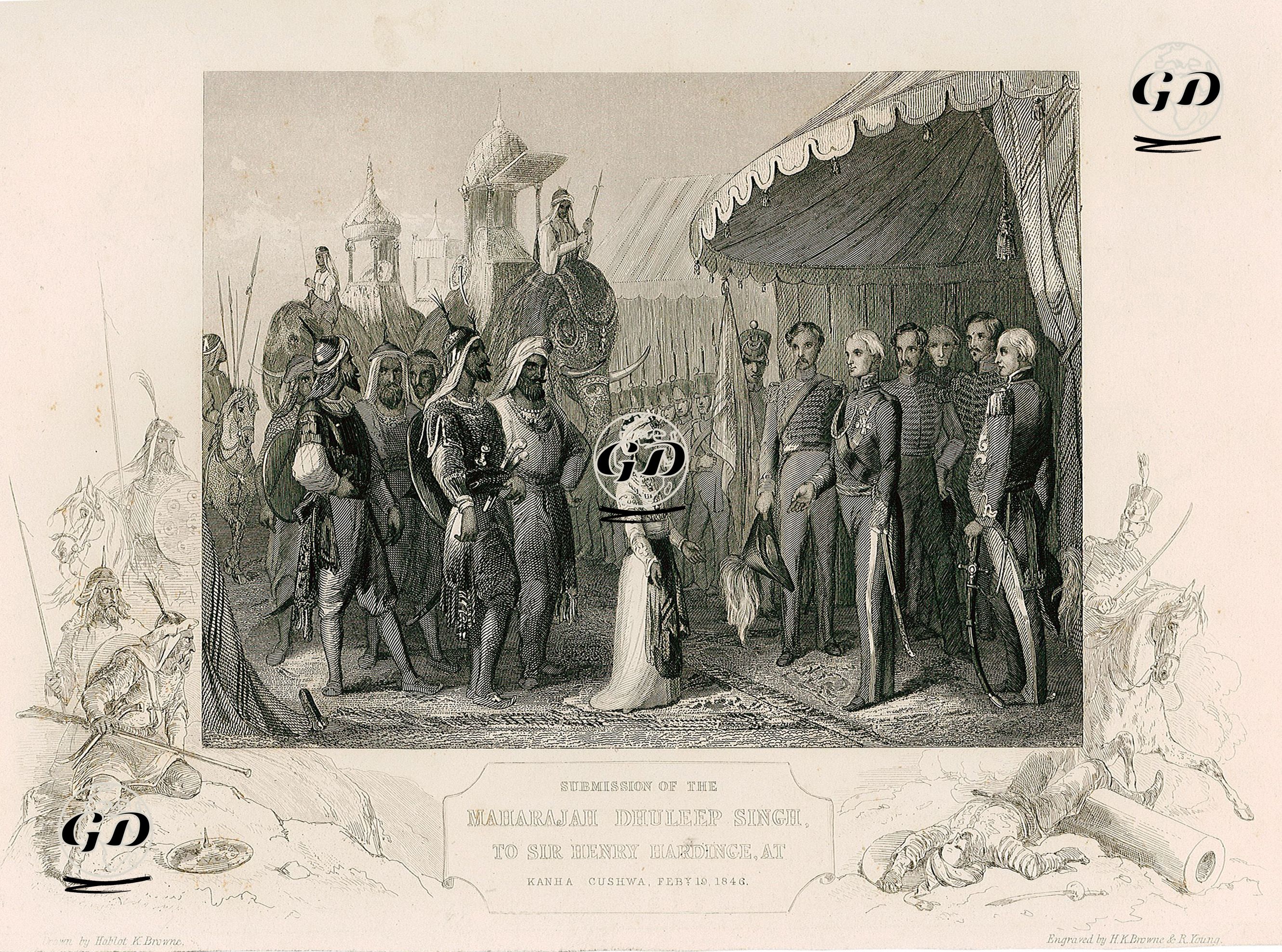 Birinci İngiliz-Sih Savaşında Yenilmesi Nedeniyle 19 Şubat 1846 Tarihinde Sih İmparatorluğu Maharajası (Kralı) Yedi Yaşındaki Duleep Singh Bahadur ve Yedi Hazara Üyesi'nin İngiliz Hindistan Genel Valisi Lord Hardinge Ve Doğu Hindistan Şirketi'ne Boyun Eğmesi
 - Hablot Knight Browne (1815-1882) - 1850's