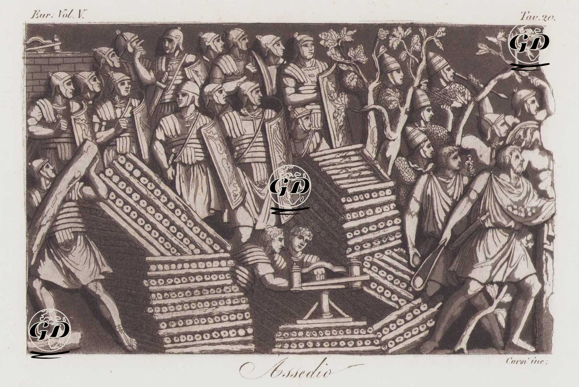 Assedio, Eur. Vol V. Tav.20. (Lorica Armored, Shielded, Speared, and Galea Helmeted Roman Legionnaires During a Siege From Trajan’s Column in Rome) -  - 1820's-1840's