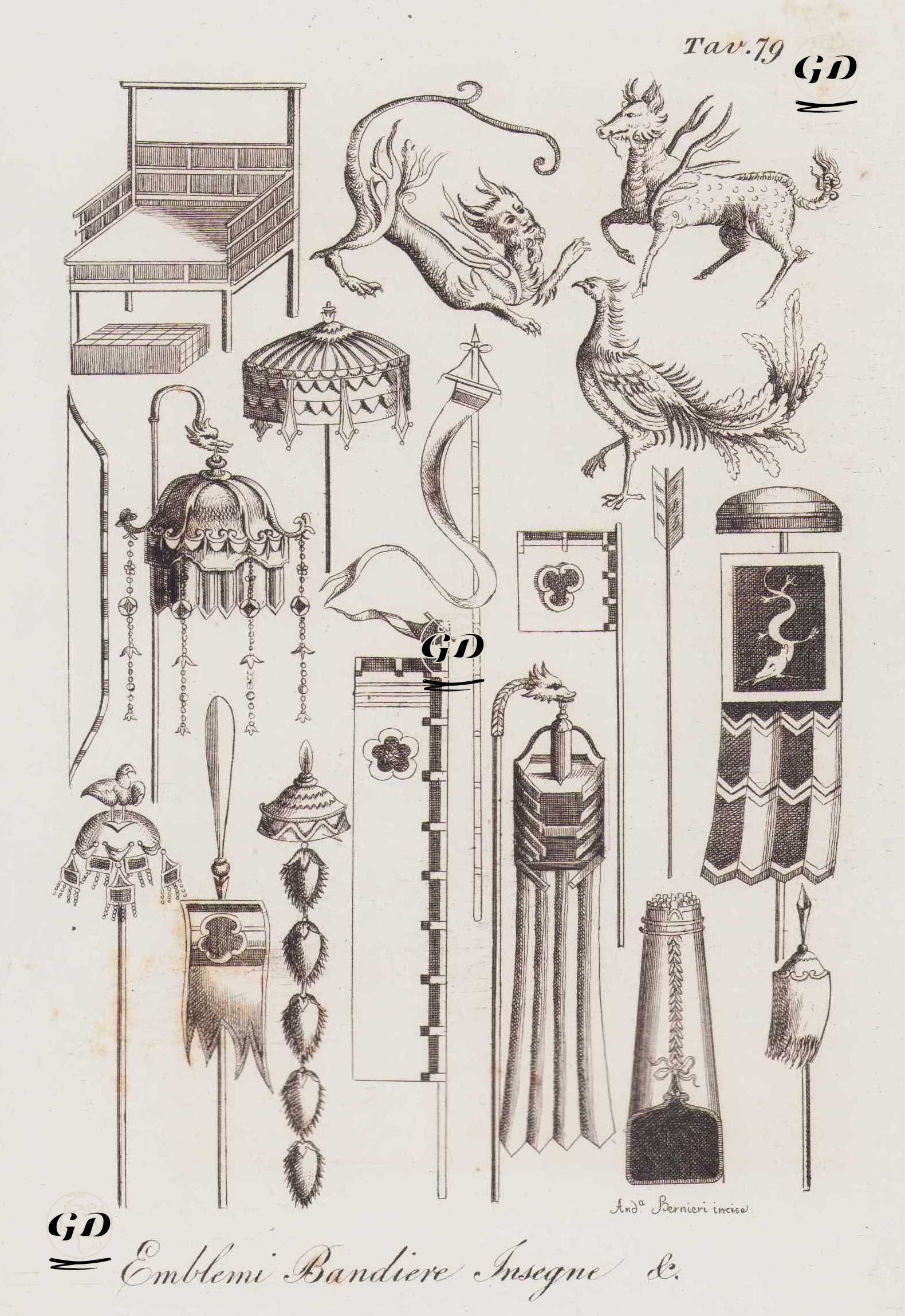Emblemi Bandiere Insegne, Tav.79. (Japanese Flags, Emblems and Insignia Including Mythological Beasts (Kirin, Phoenix)) -  - 1820's-1840's